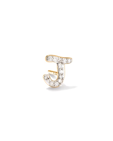 Letter J 14k Yellow Gold Single Stud Earring in White Diamond