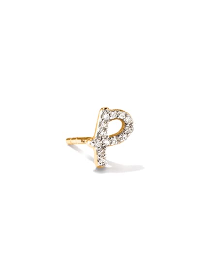 Letter P 14k Yellow Gold Single Stud Earring in White Diamond