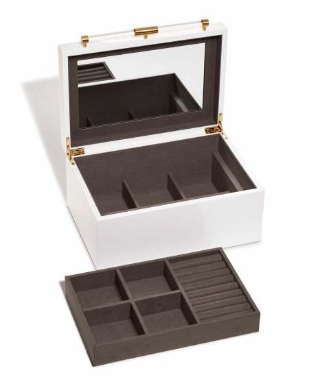 Medium Antique Brass Jewelry Box in White Lacquer