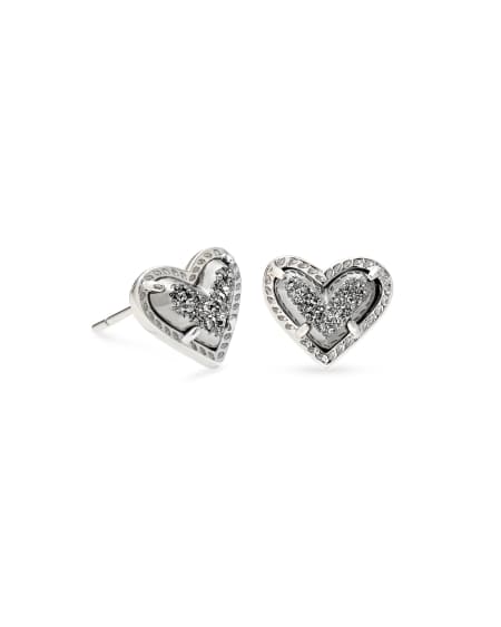Ari Heart Silver Stud Earrings in Platinum Drusy
