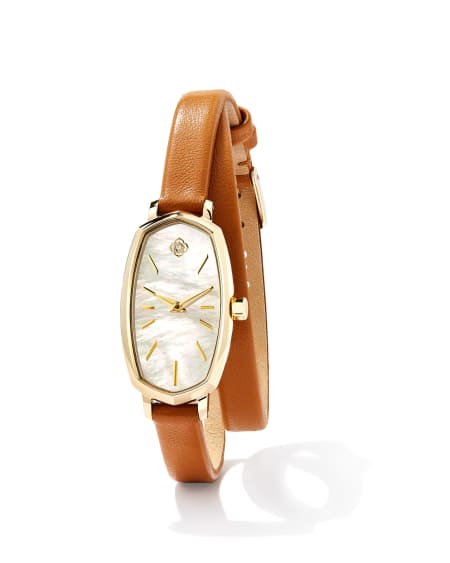 Elle Gold Tone Stainless Steel Leather Wrap Watch in Ivory Mother-of-Pearl