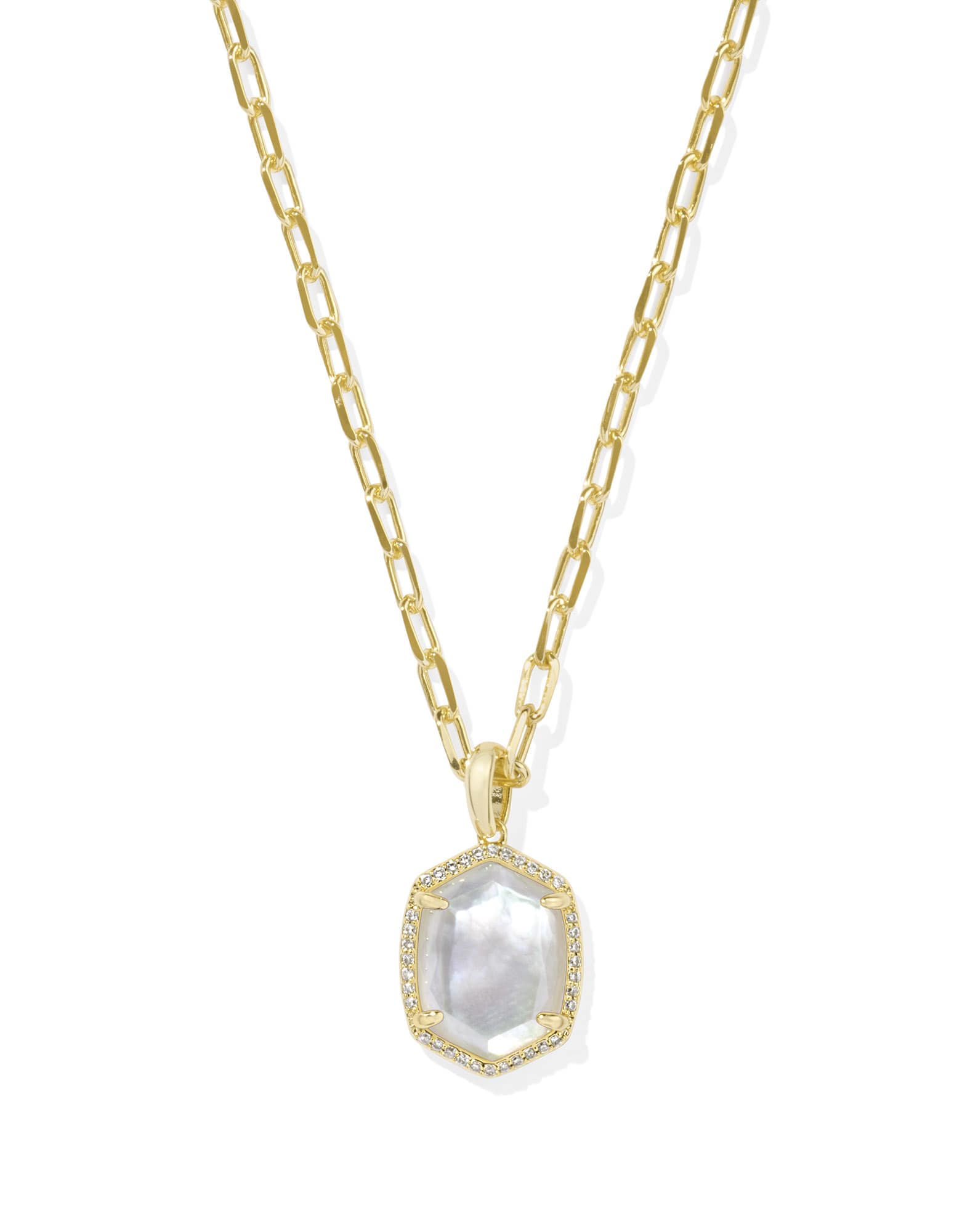 Daphne Gold Pave Frame Short Pendant Necklace in Iridescent Ivory Illusion