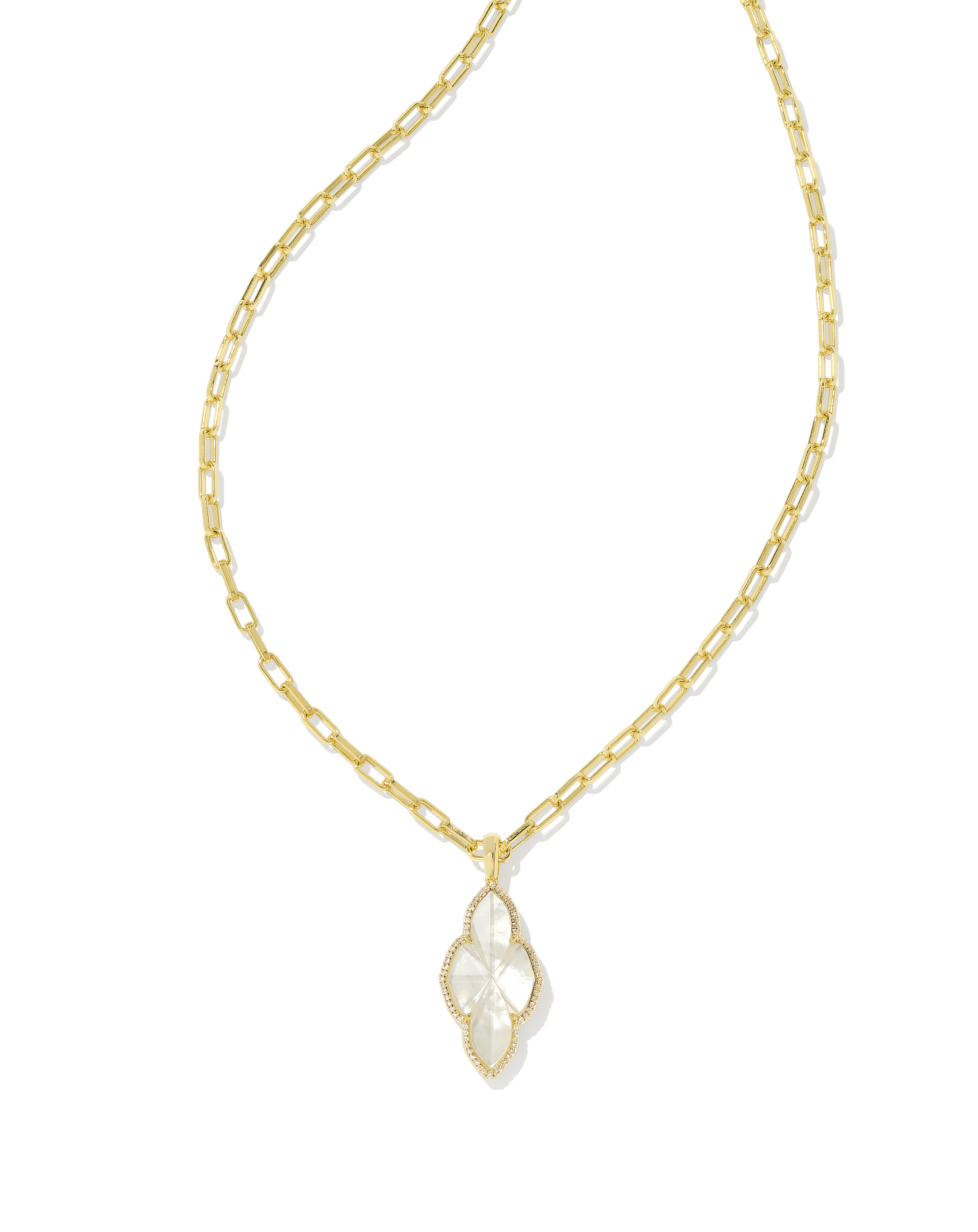 Abbie Gold Pave Frame Large Long Pendant Necklace in Ivory Mother-of-Pearl