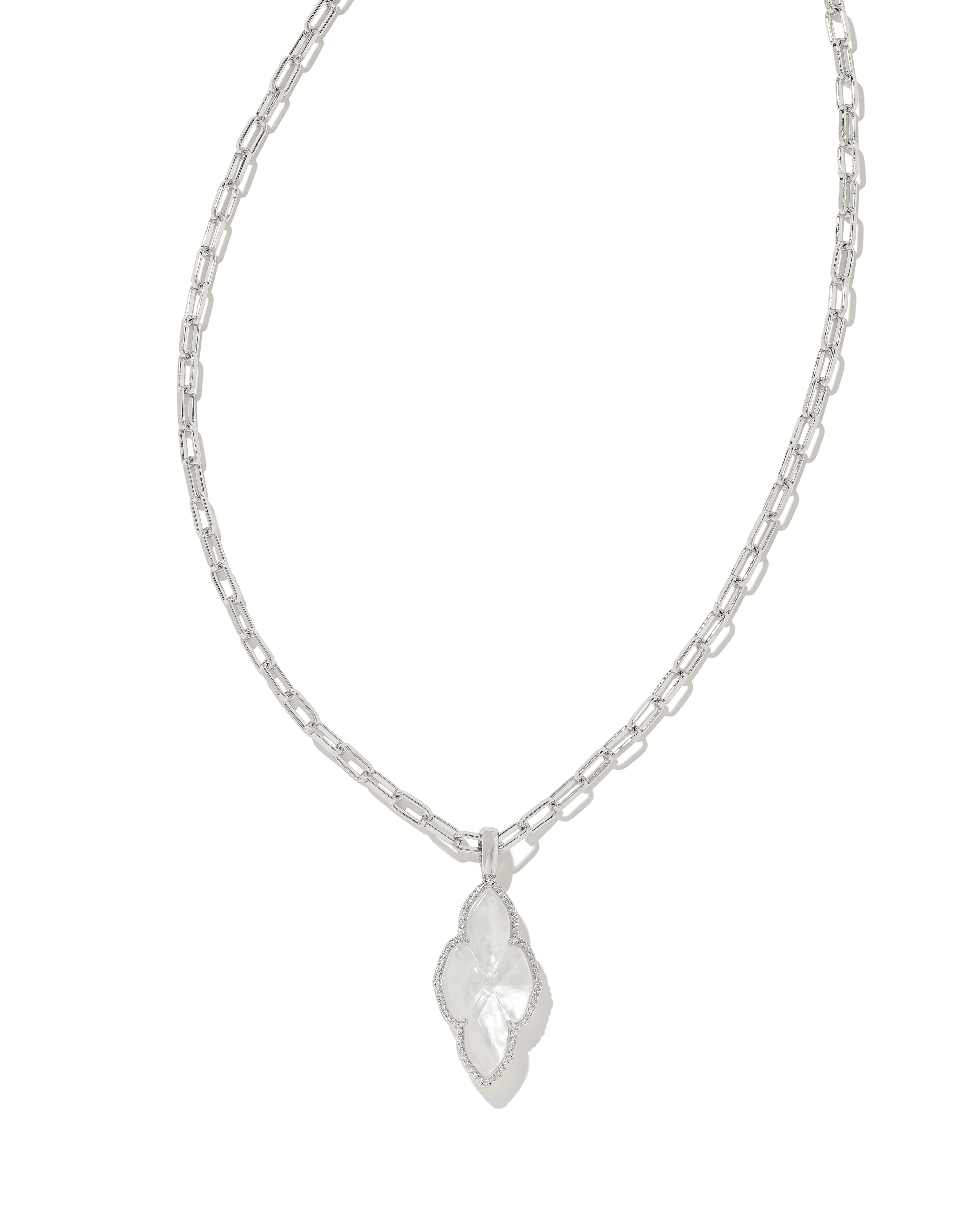 Abbie Silver Pave Frame Large Long Pendant Necklace in Ivory Mother-of-Pearl