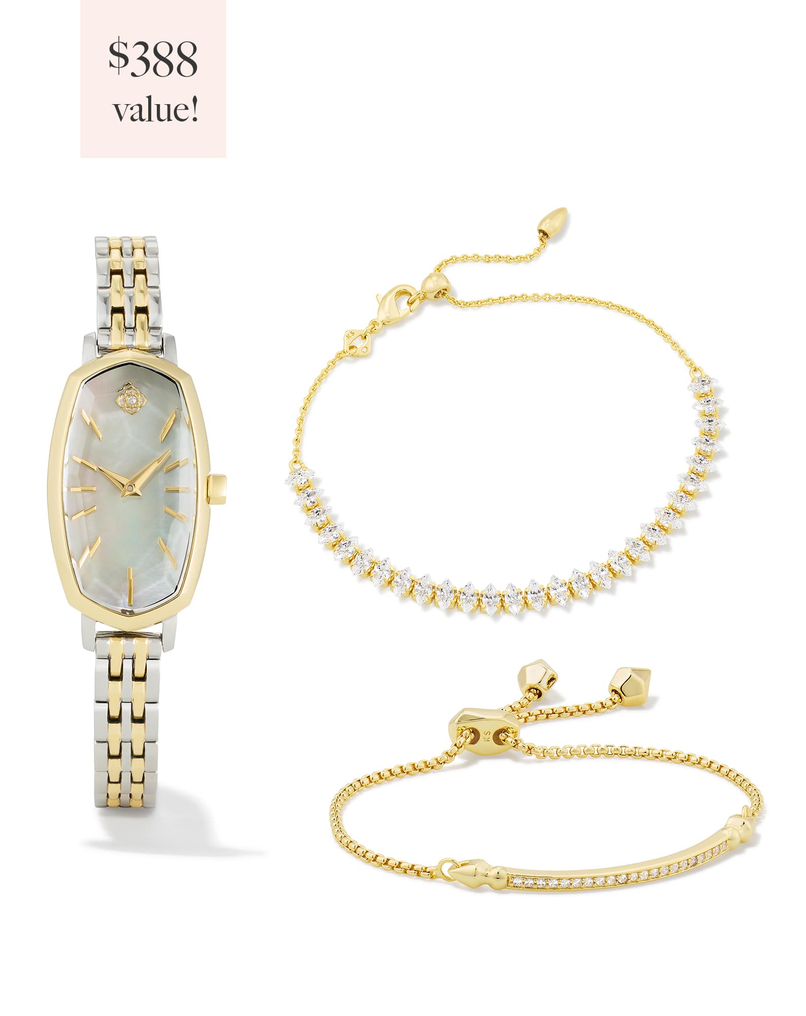 Faceted Two Tone Stainless Steel Elle Watch and Bracelet Gift Set in Ivory Mother-of-Pearl