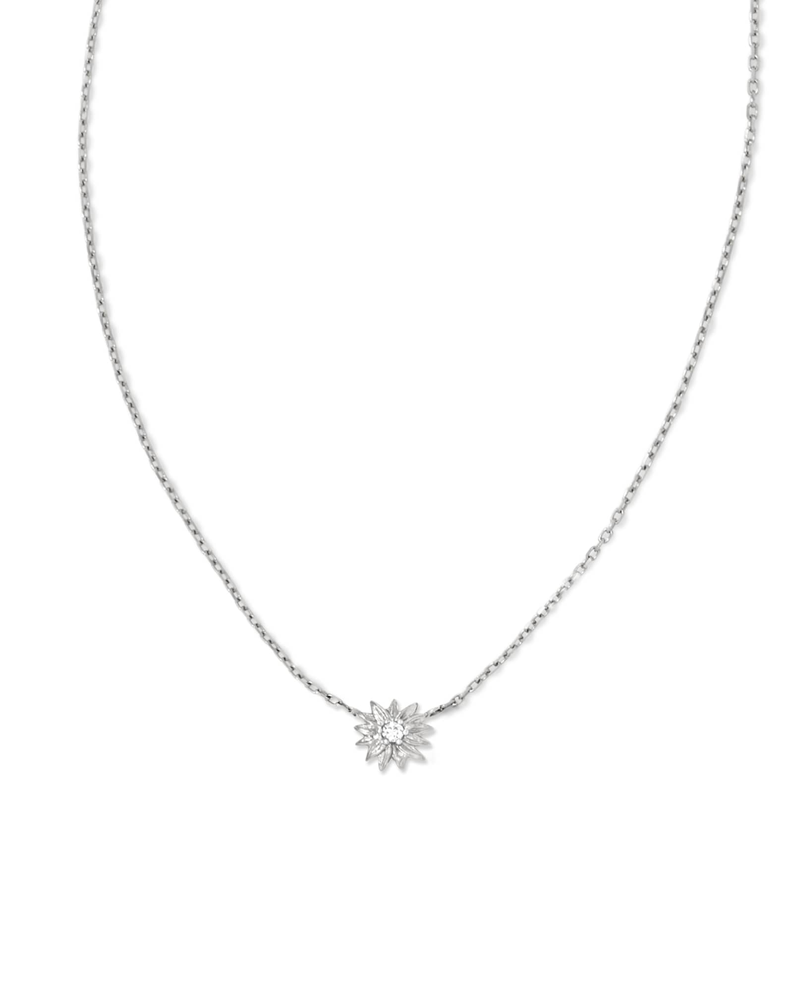 Tiny Flower 14k White Gold Pendant Necklace in White Diamond
