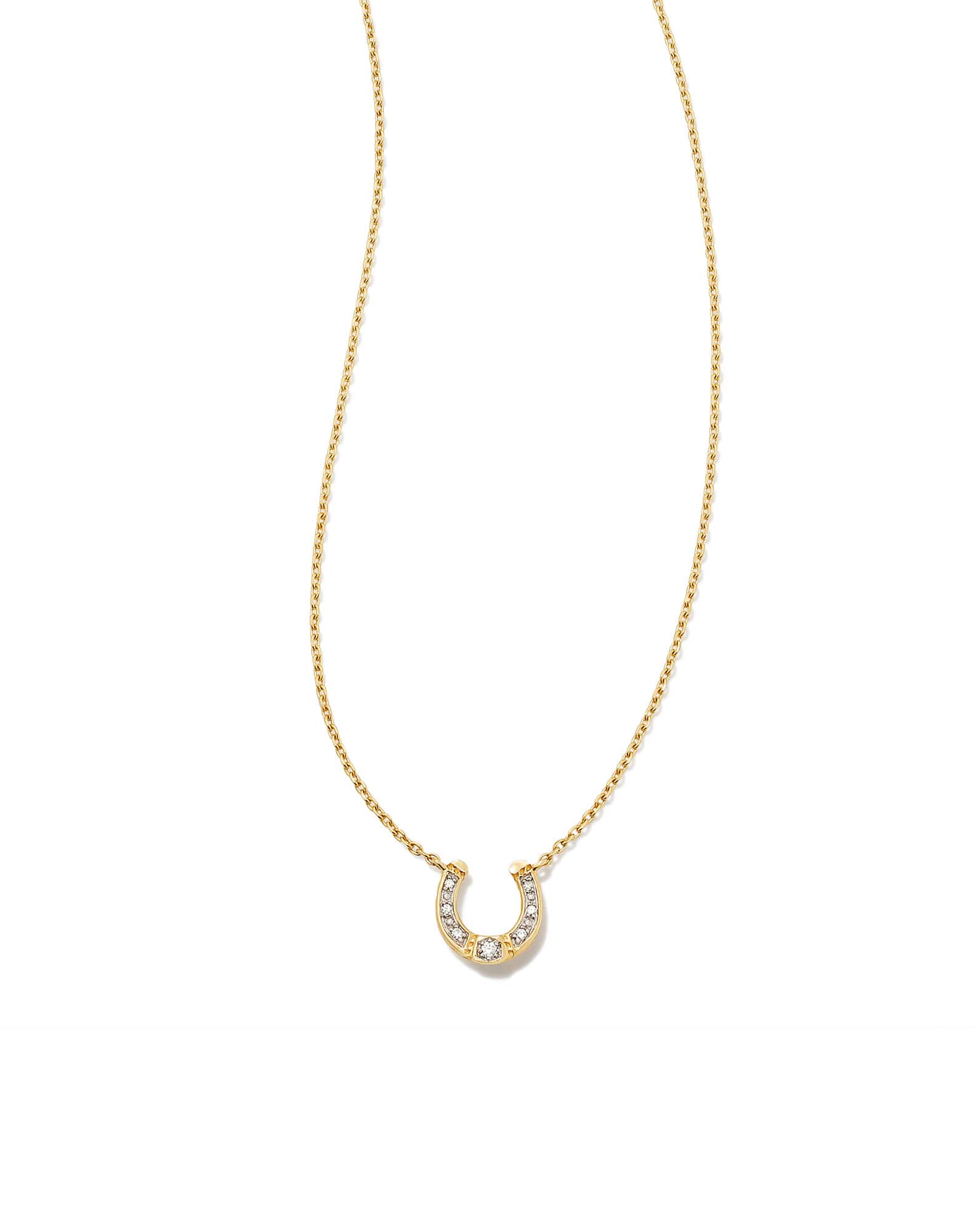Noble 14k Yellow Gold Horseshoe Short Pendant Necklace in White Diamond