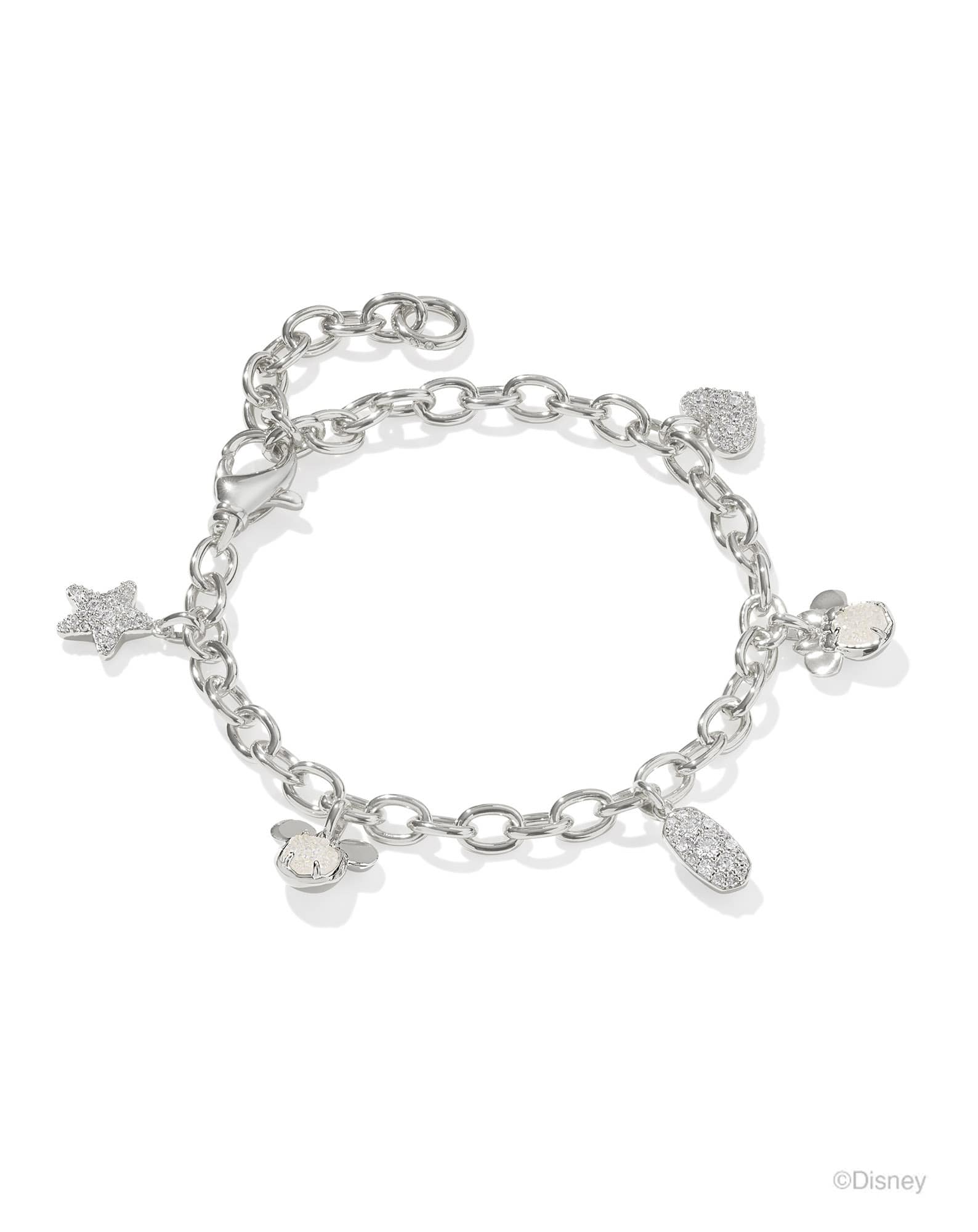 Disney | Kendra Scott Silver Mickey Mouse and Minnie Mouse Charm Bracelet in Iridescent White Mix