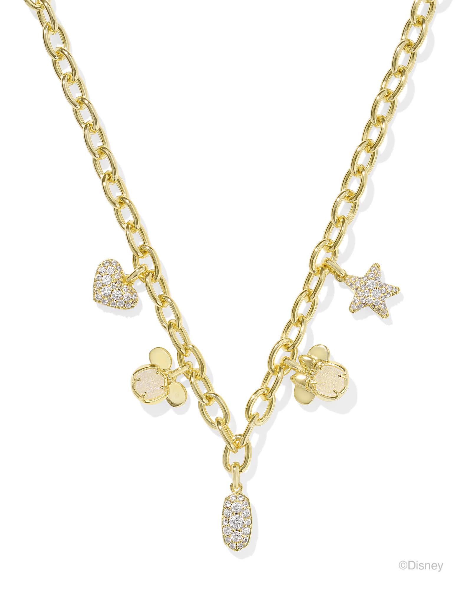 Disney | Kendra Scott Gold Mickey Mouse and Minnie Mouse Charm Necklace in Iridescent White Mix