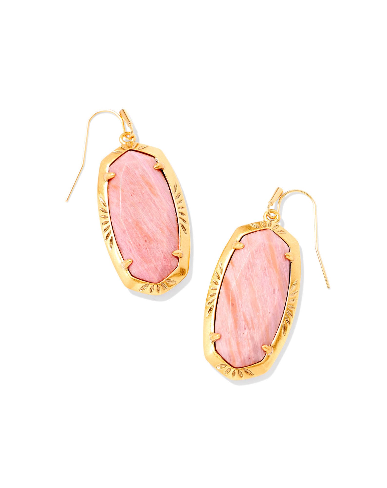 Elle Vintage Gold Etch Frame Drop Earrings in Blush Pink Quartzite