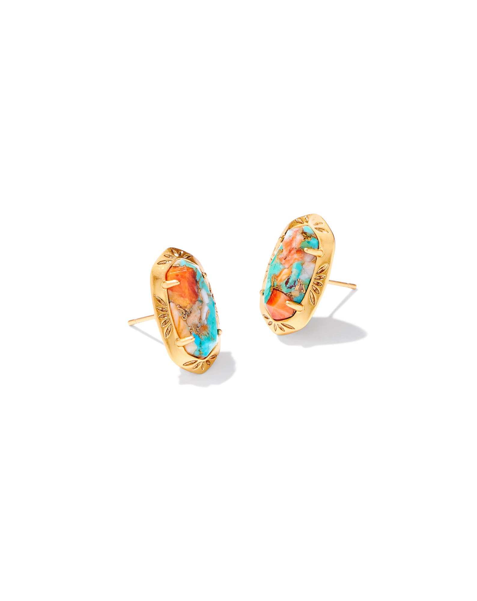 Ellie Vintage Gold Etch Frame Stud Earrings in Bronze Veined Turquoise Magnesite Red Oyster