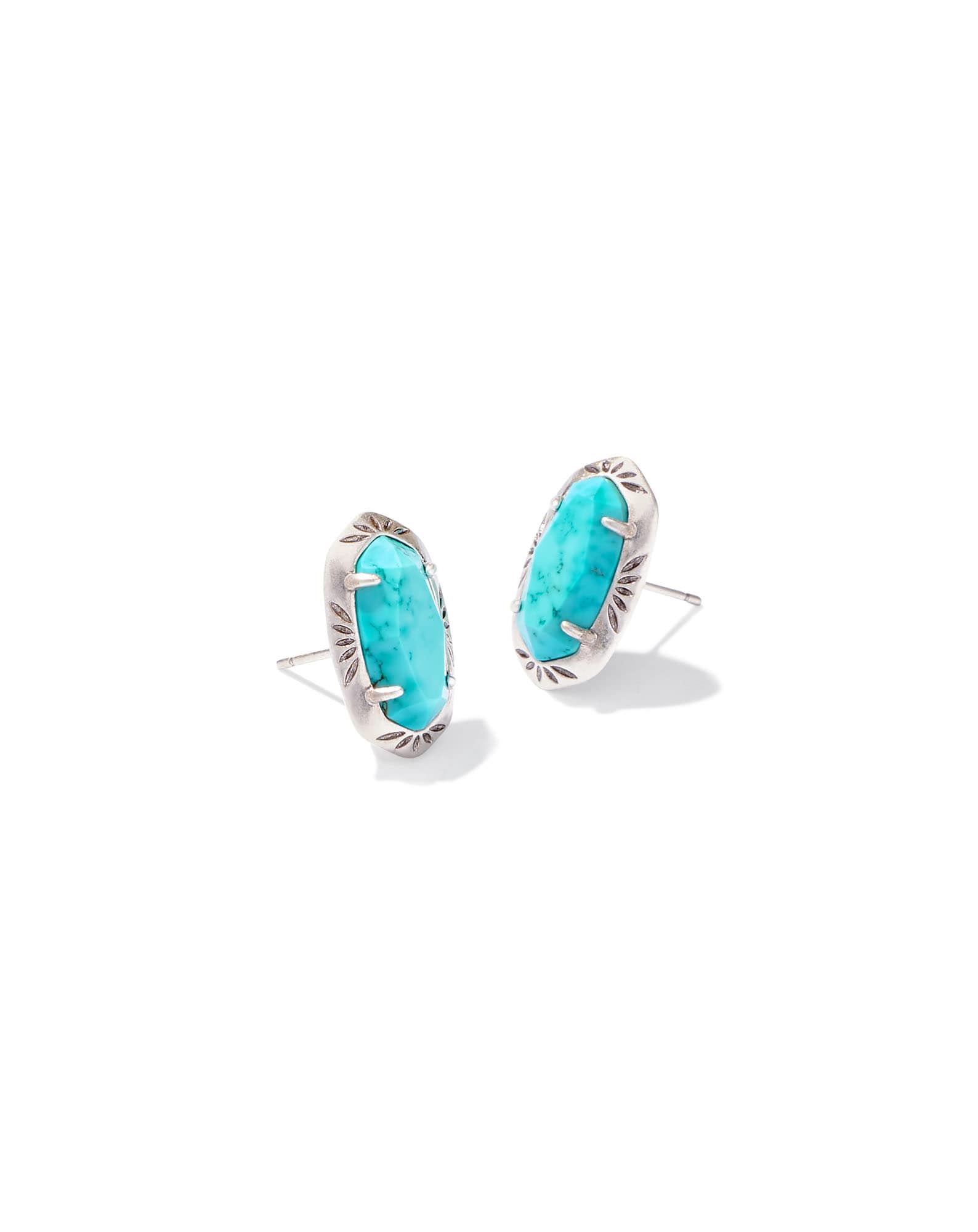 Ellie Vintage Silver Etch Frame Stud Earrings in Variegated Turquoise Magnesite
