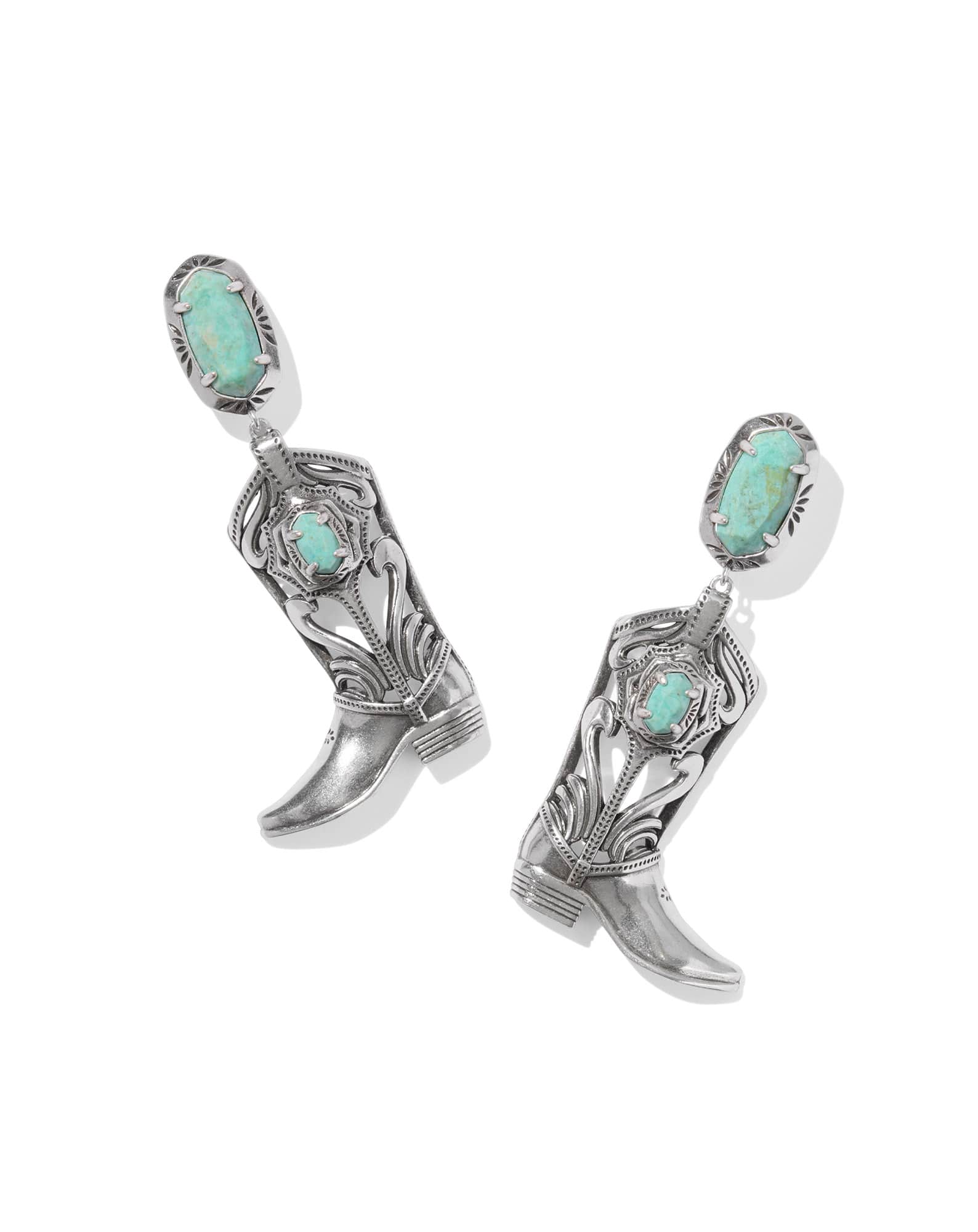 Beau Vintage Silver Boot Statement Earrings in Sea Green Chrysocolla