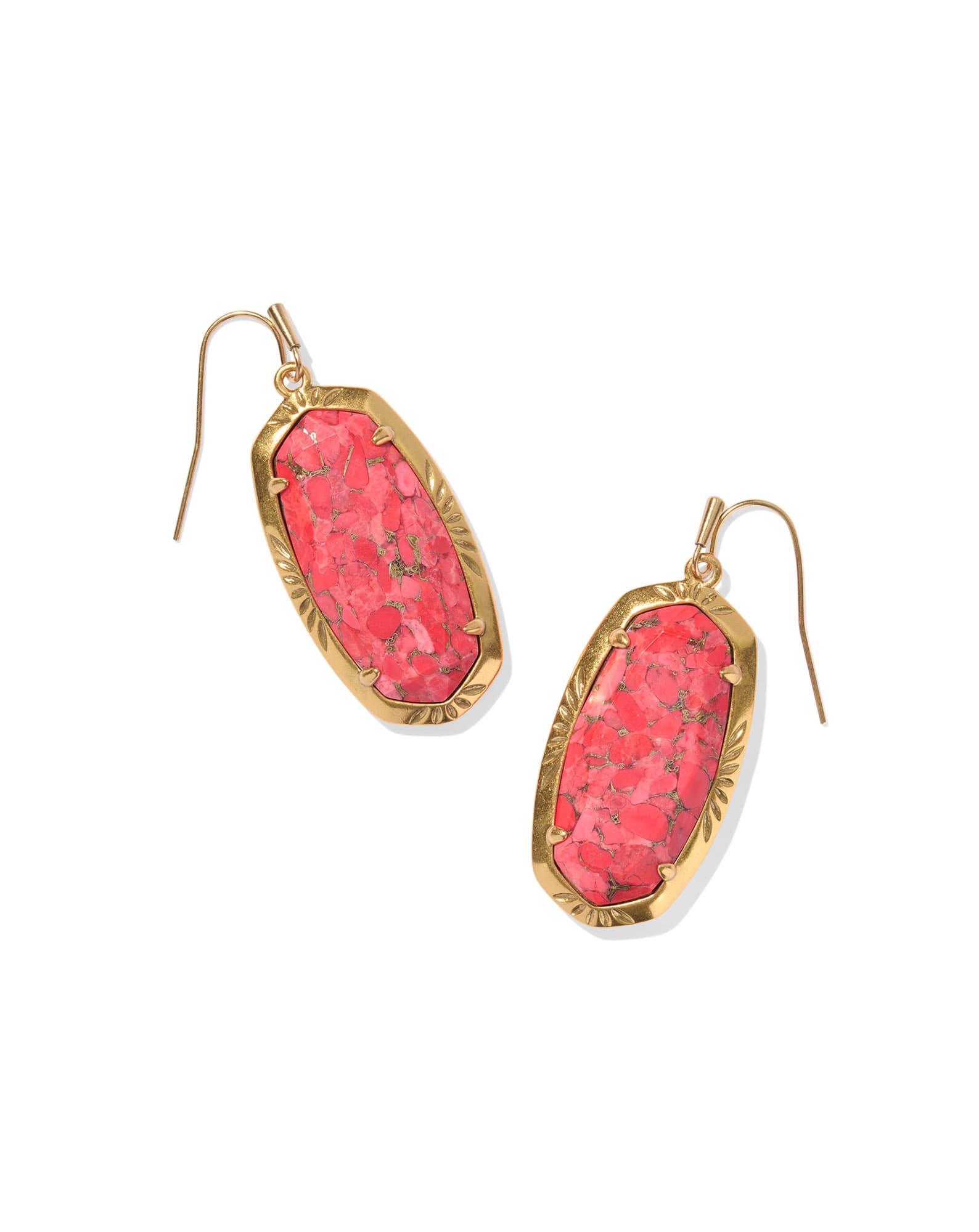 Elle Vintage Gold Etch Frame Drop Earrings in Bronze Veined Red Magnesite