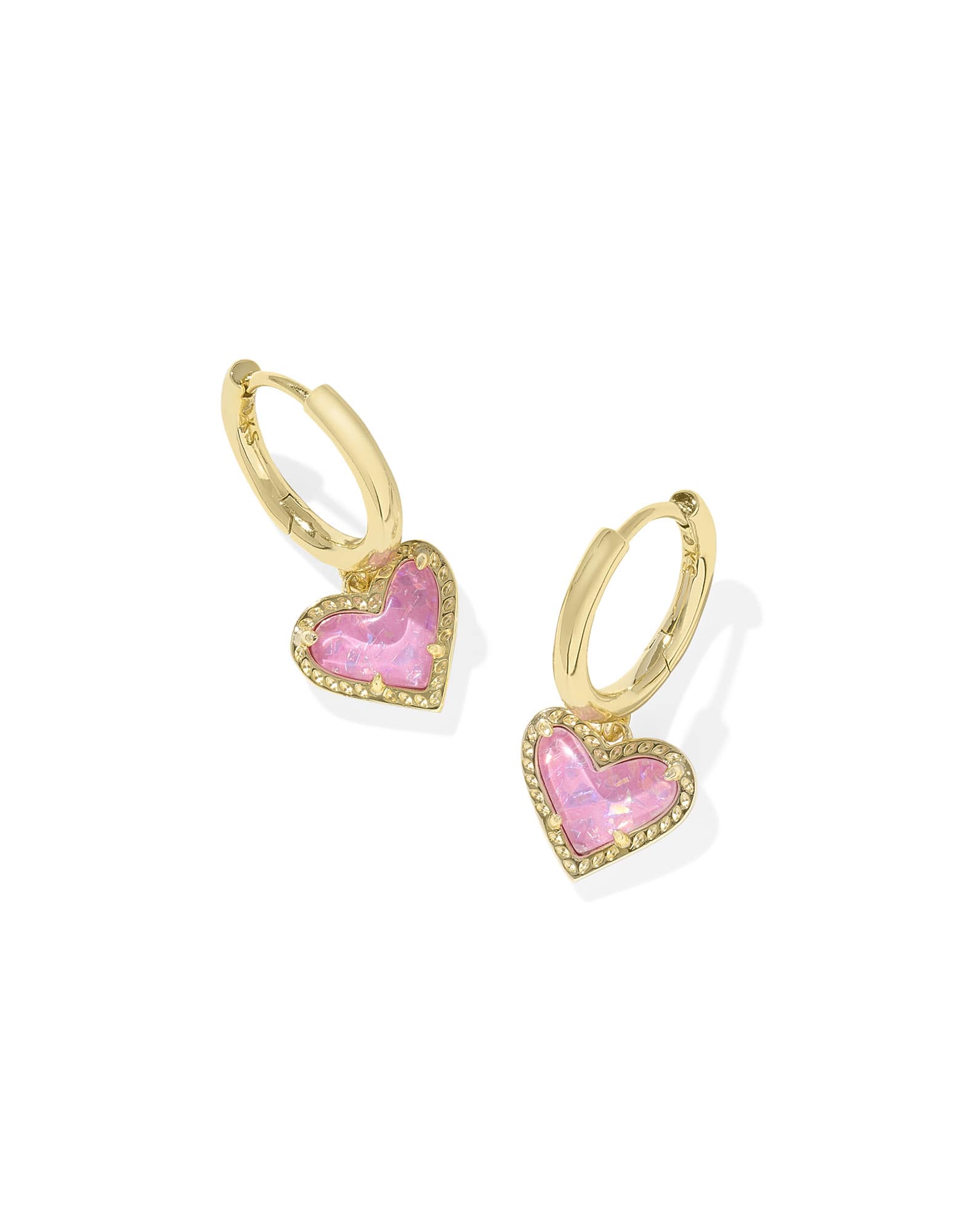 Ari Heart Gold Huggie Earrings in Pink Iridescent Glitter Glass