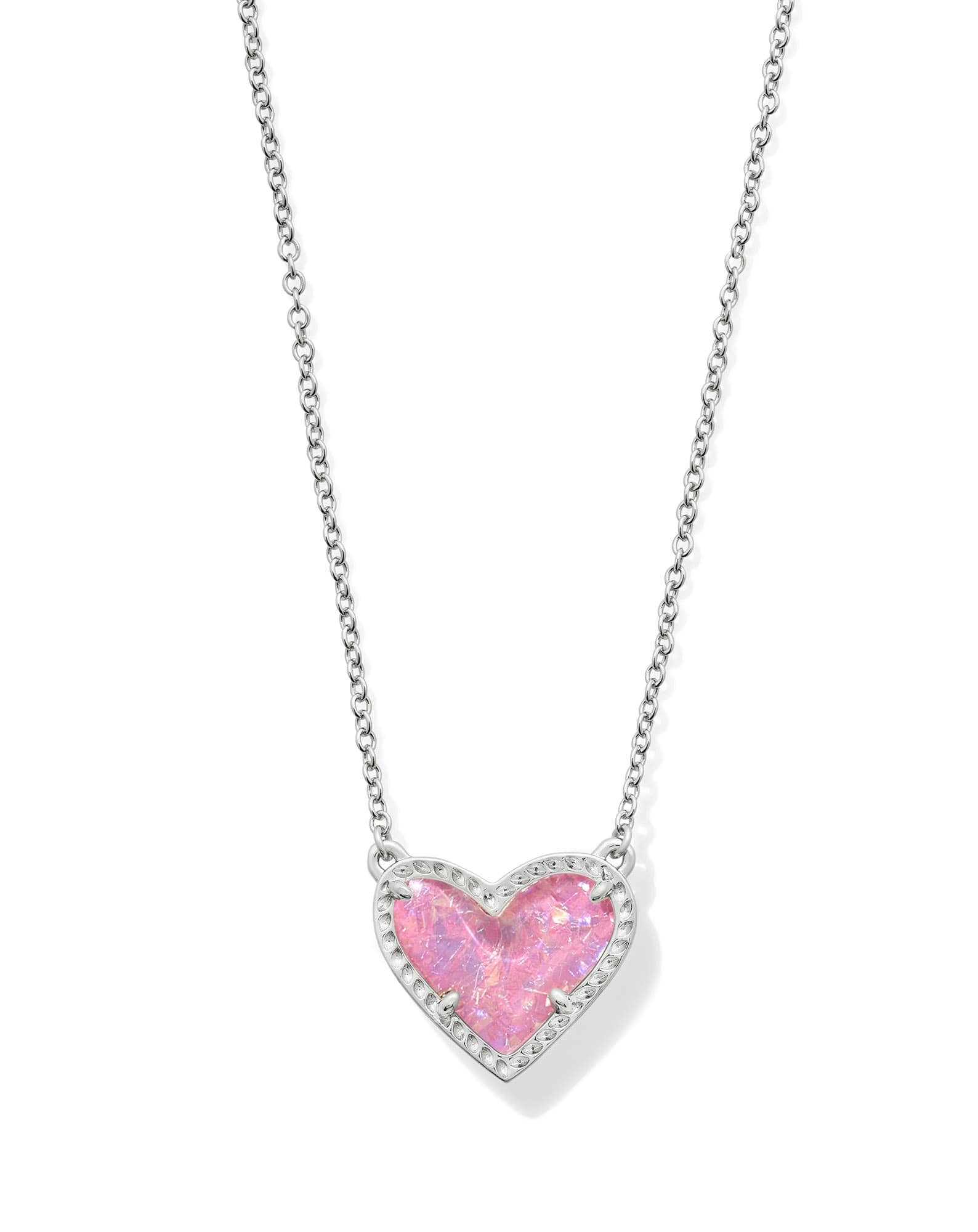 Ari Heart Silver Pendant Necklace in Pink Iridescent Glitter Glass
