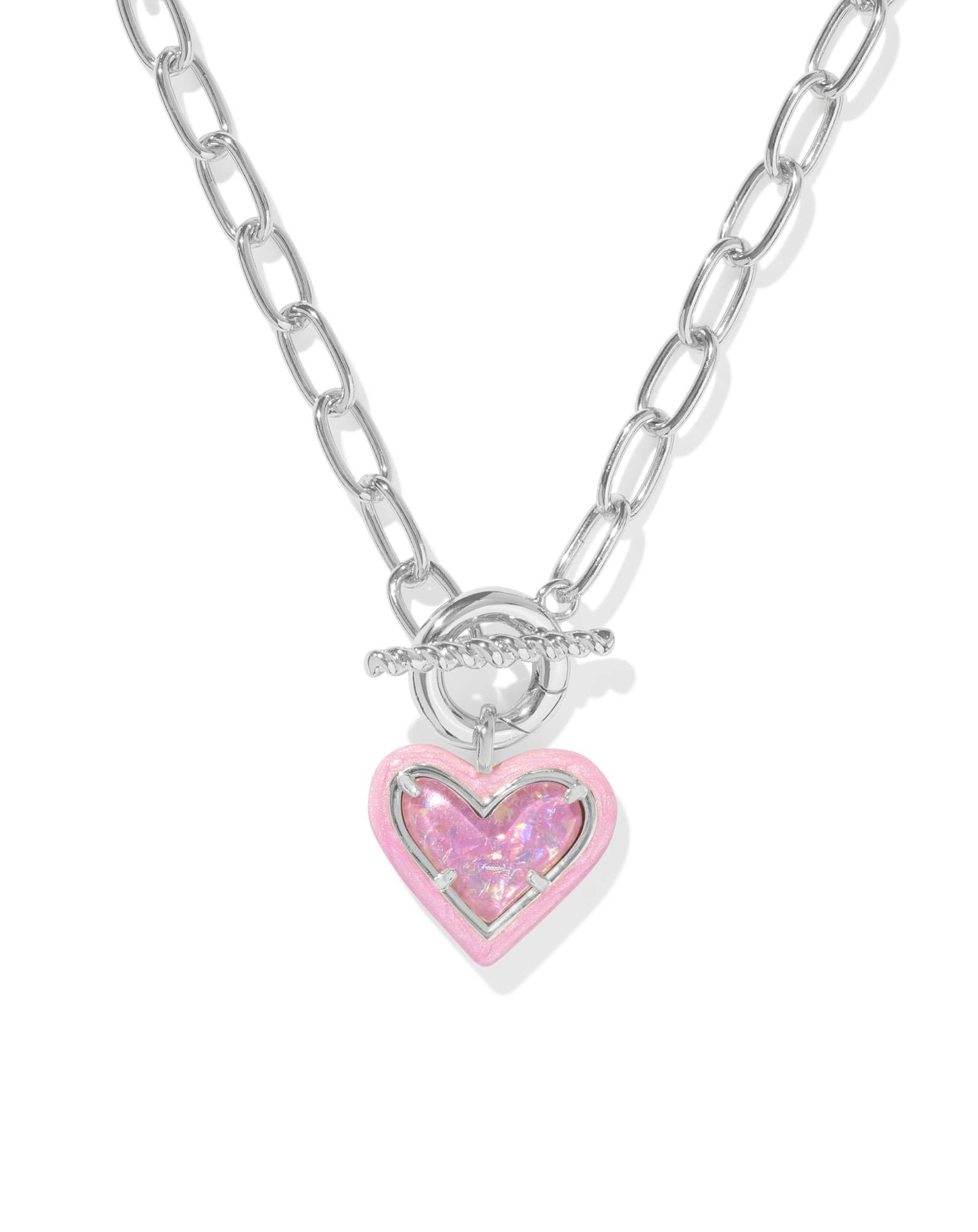 Ari Heart Silver Enamel Frame Link and Chain Necklace in Pink Iridescent Glitter Glass
