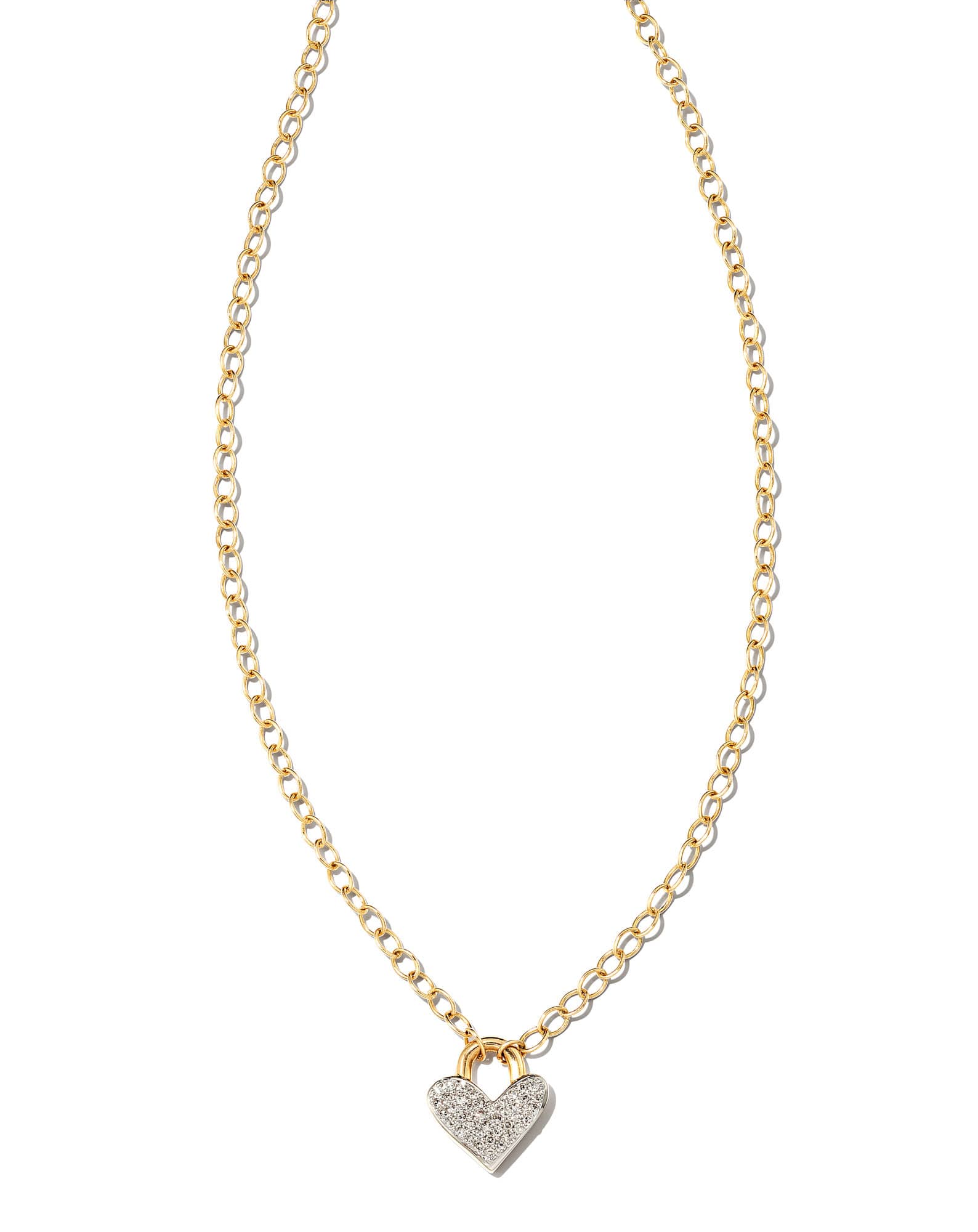 Pave Heart Padlock 14k Yellow Gold Pendant Necklace in White Diamond