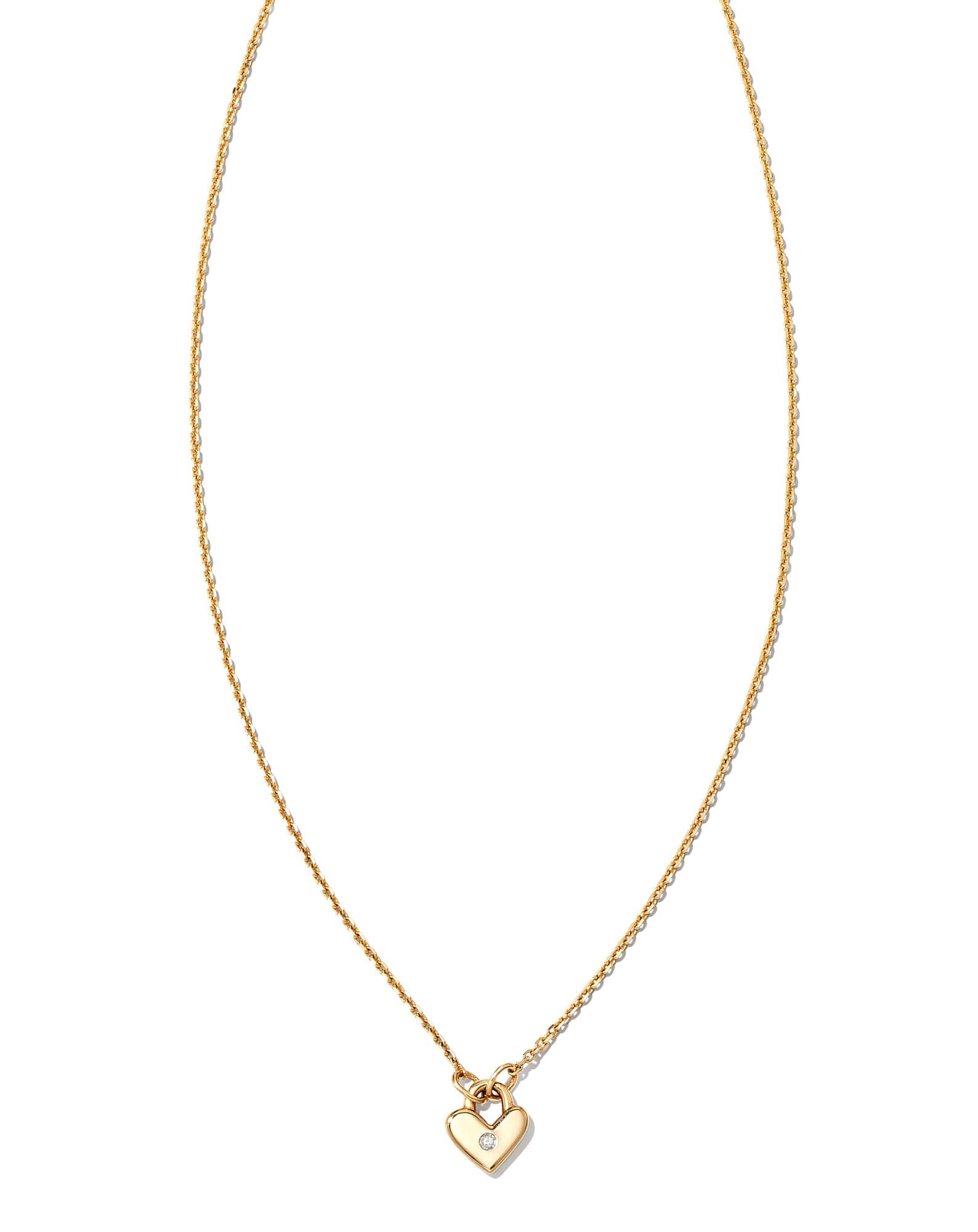 Tiny Heart Padlock 14k Yellow Gold Pendant Necklace in White Diamond