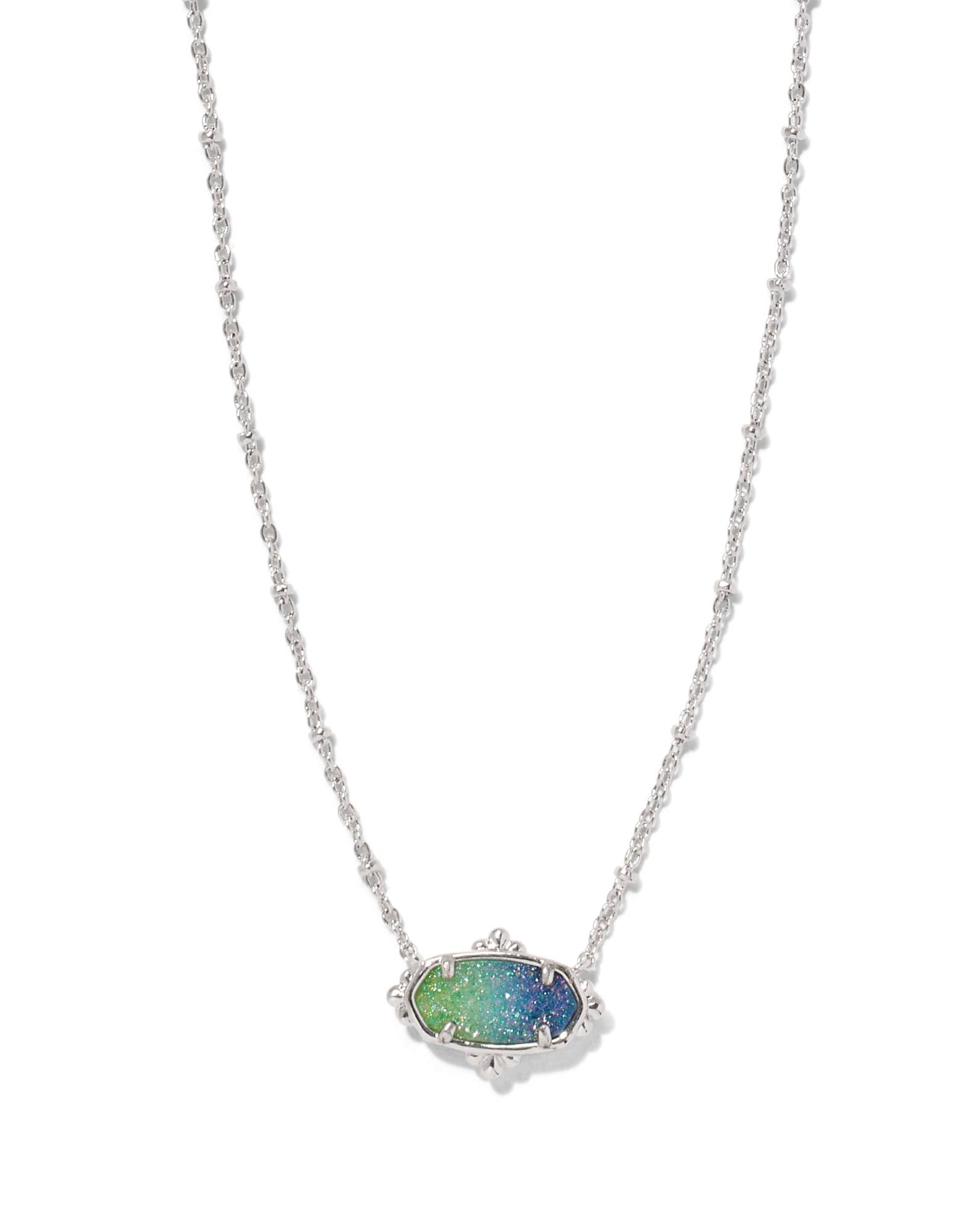 Elisa Silver Petal Framed Short Pendant Necklace in Aqua Ombre Drusy