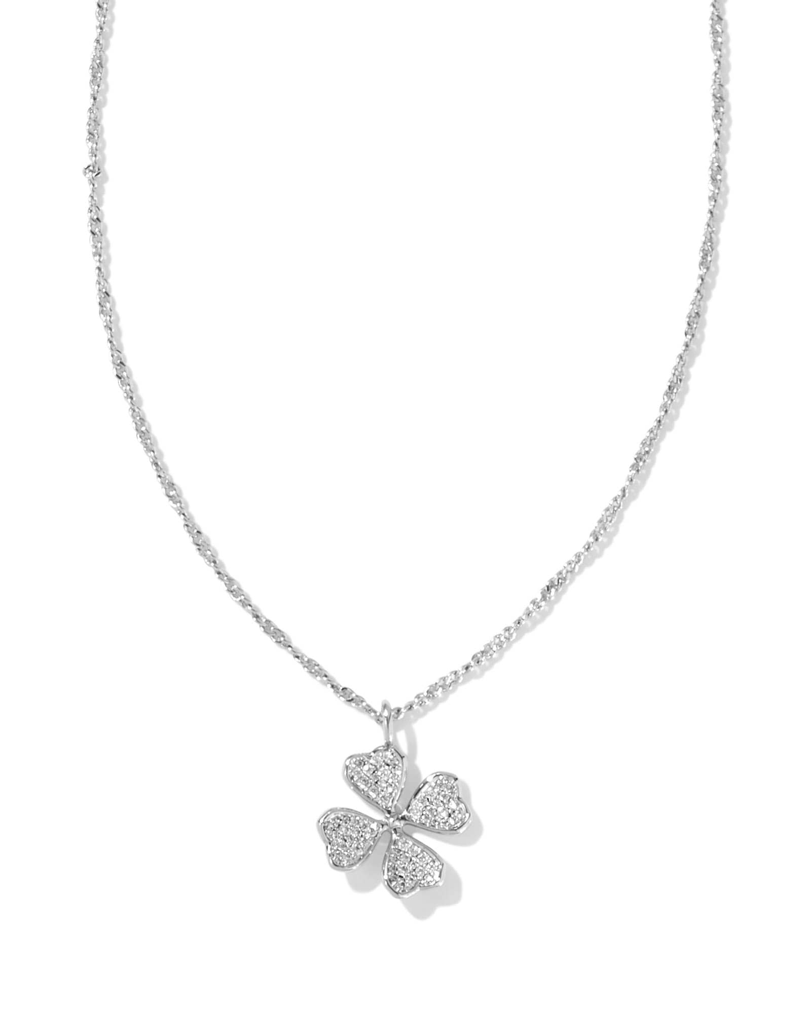 Clover Silver Crystal Short Pendant Necklace in White CZ