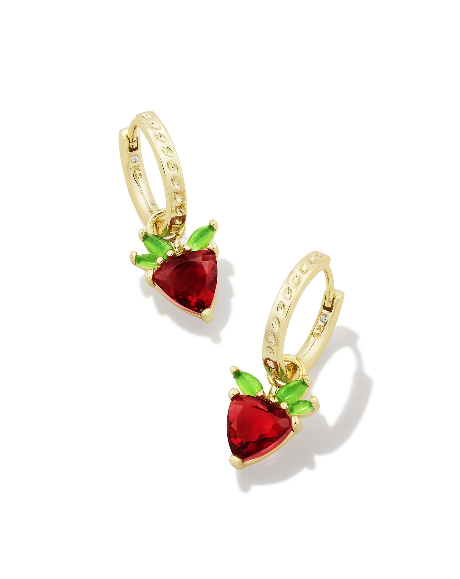 Strawberry Gold Huggie Earrings in Dark Pink Crystal