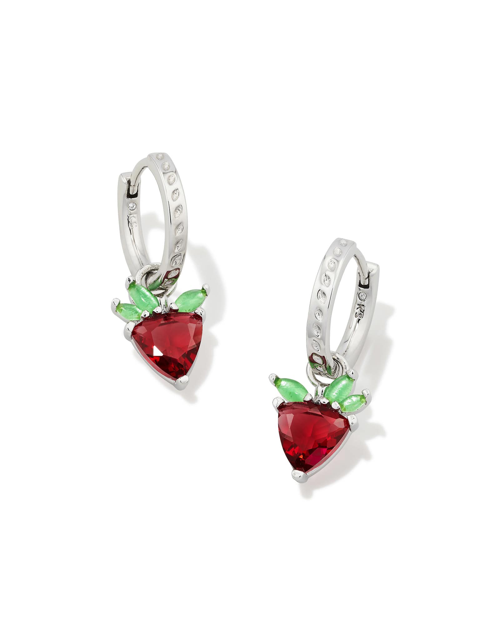 Strawberry Silver Huggie Earrings in Dark Pink Crystal