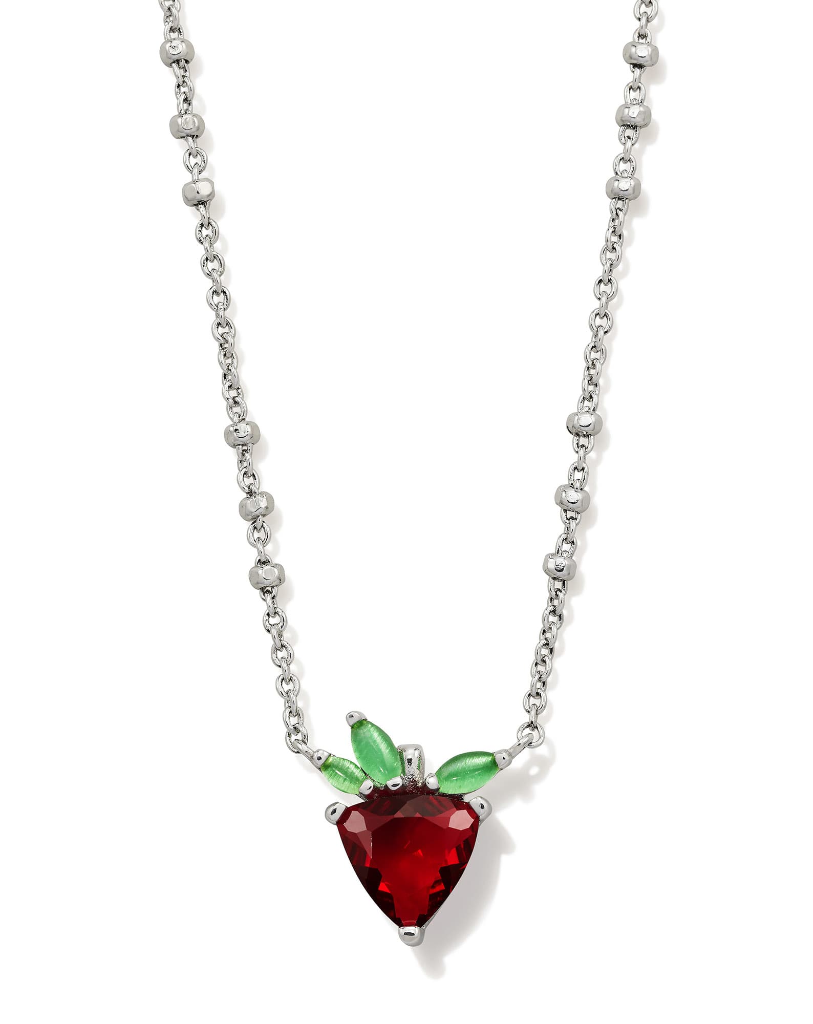 Strawberry Silver Short Pendant Necklace in Dark Pink Crystal