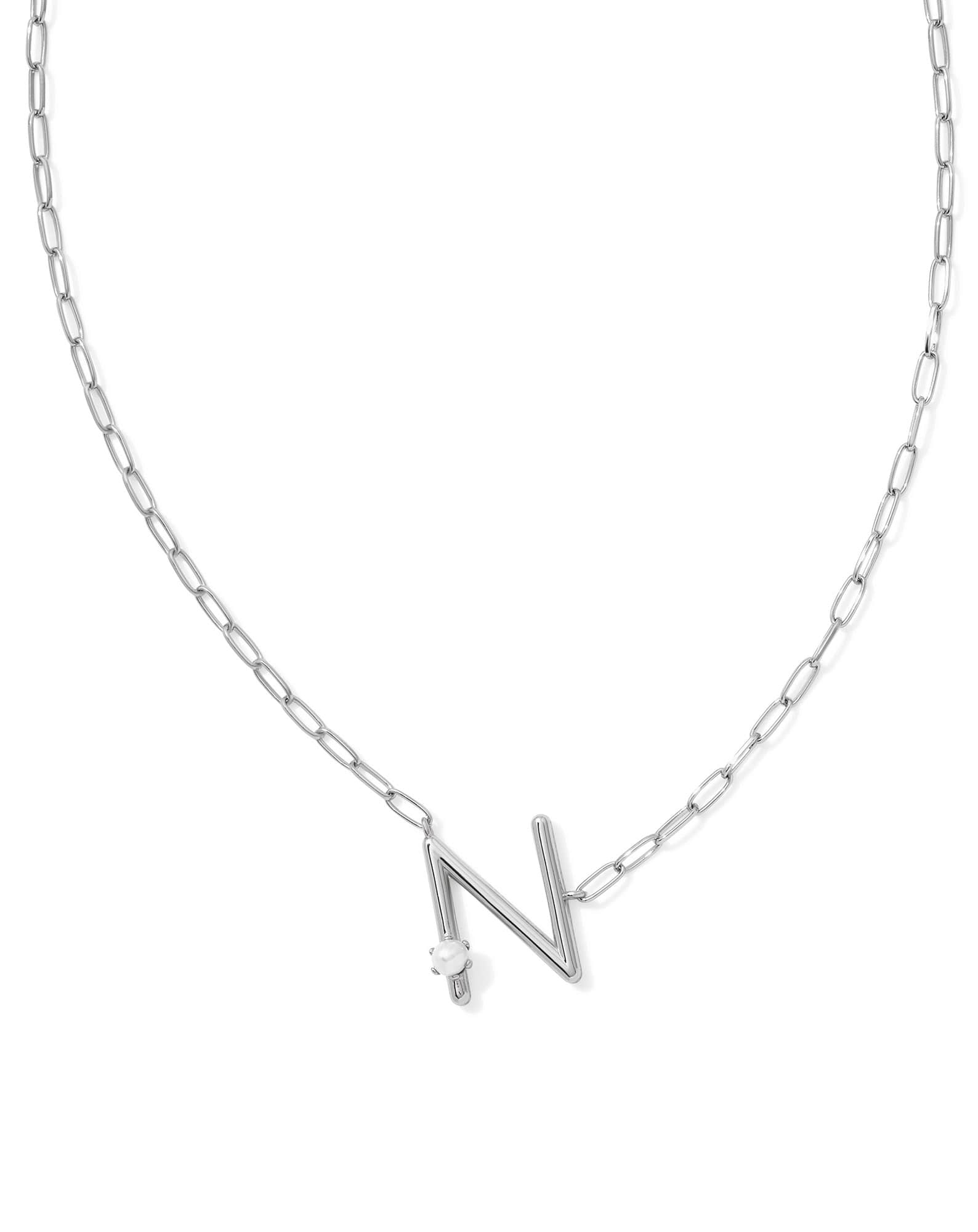 Pearl Silver Letter N Short Pendant Necklace in Freshwater Cultured Pearl