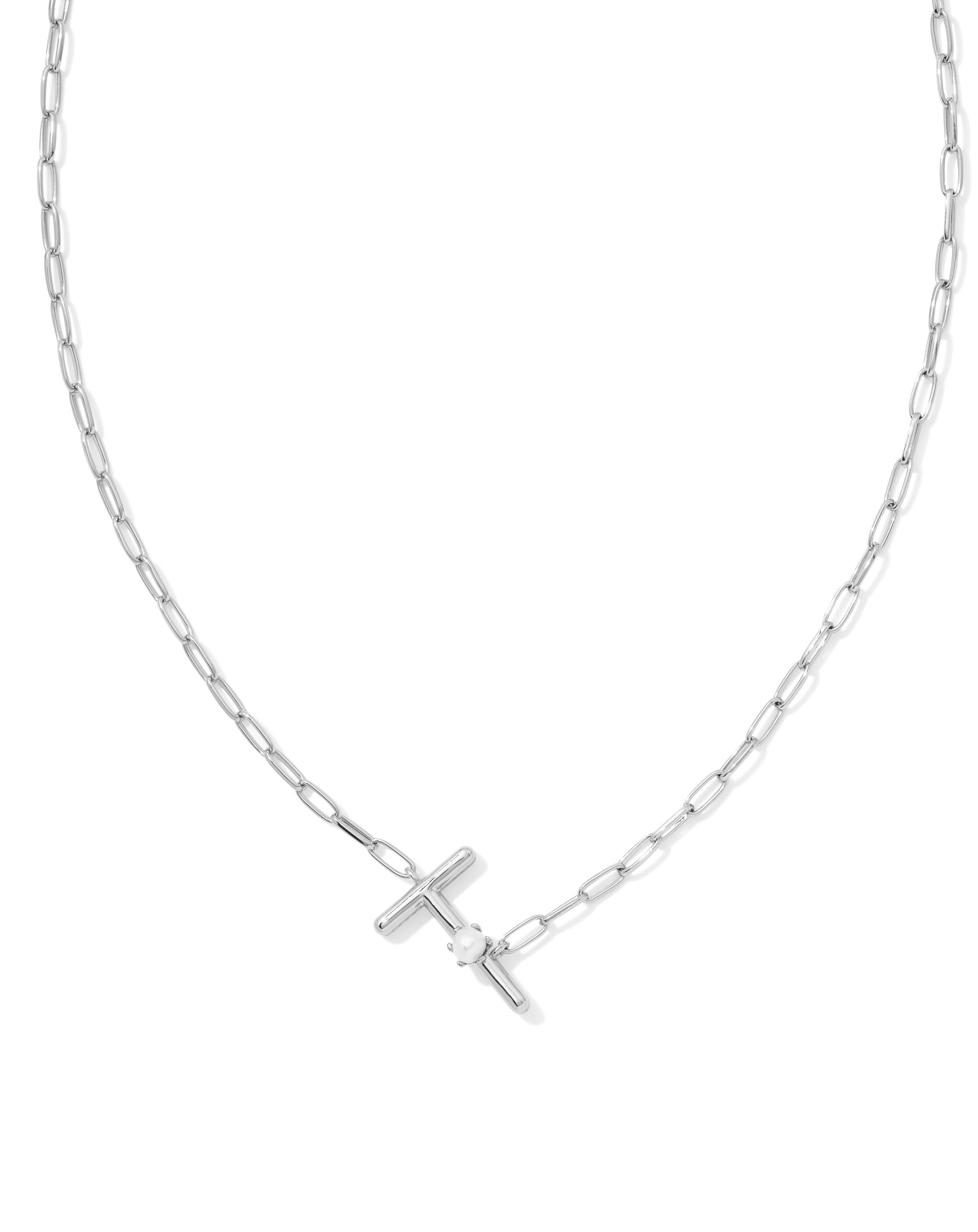 Pearl Silver Letter T Short Pendant Necklace in Freshwater Cultured Pearl
