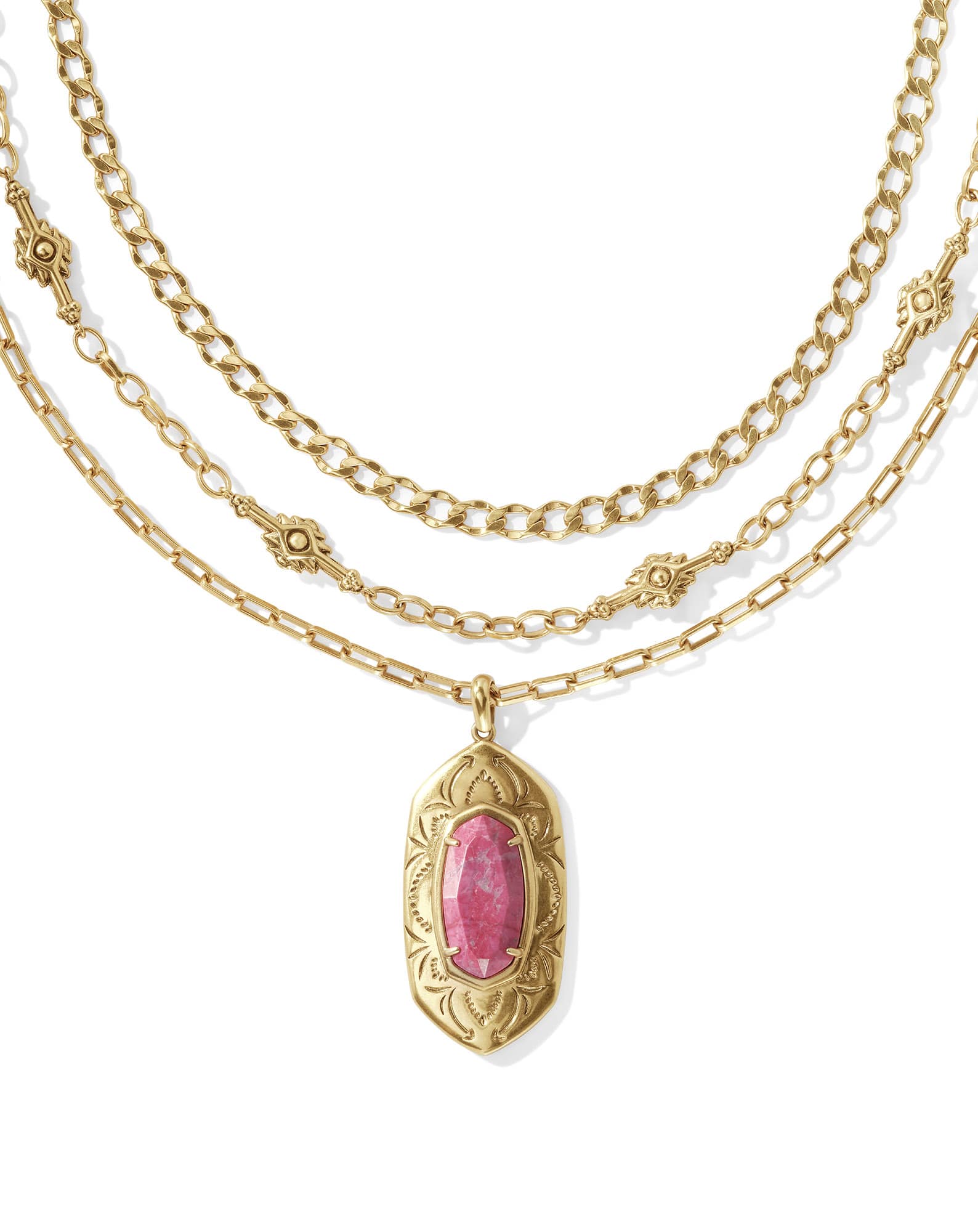 Keziah Vintage Gold Multi Strand Necklace in Raspberry Variegated Magnesite