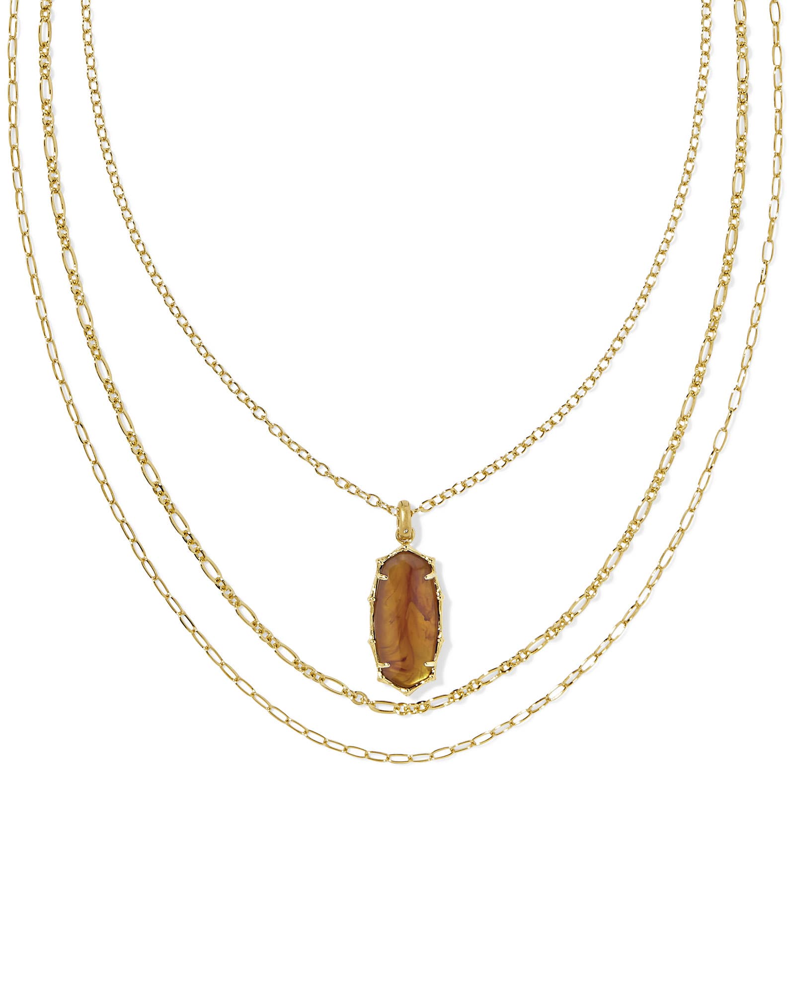 Elle Vintage Gold Bamboo Frame Triple Strand Necklace in Marbled Amber Illusion