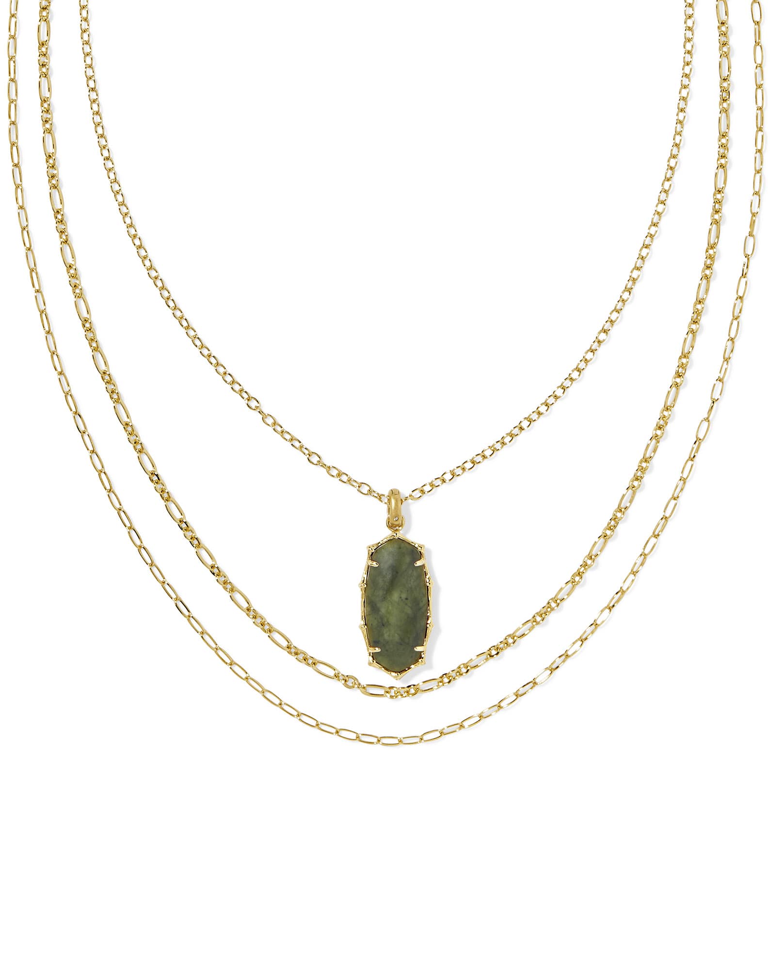Elle Vintage Gold Bamboo Frame Triple Strand Necklace in Sage Serpentine