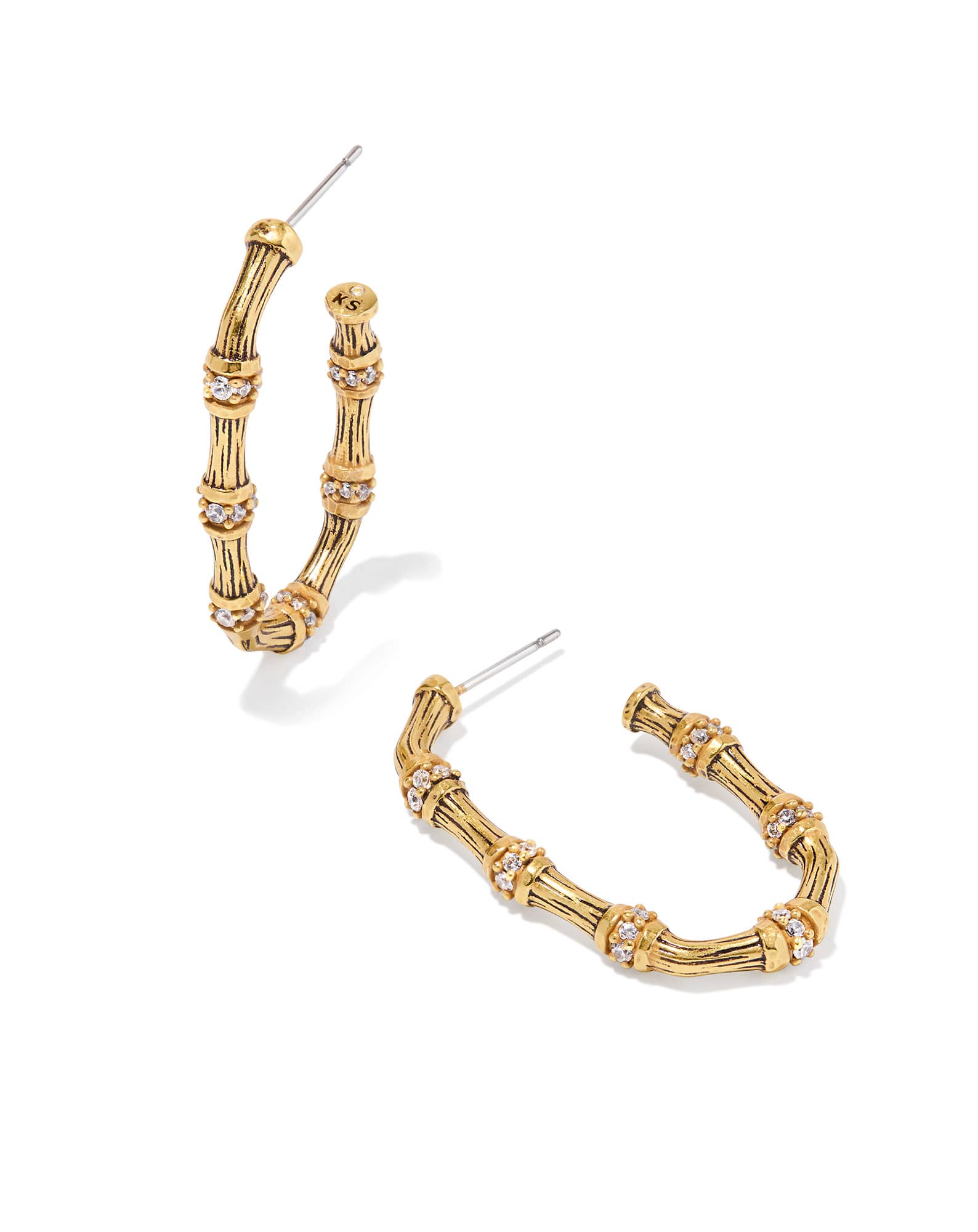 Maura Vintage Gold Bamboo Hoop Earrings in White CZ