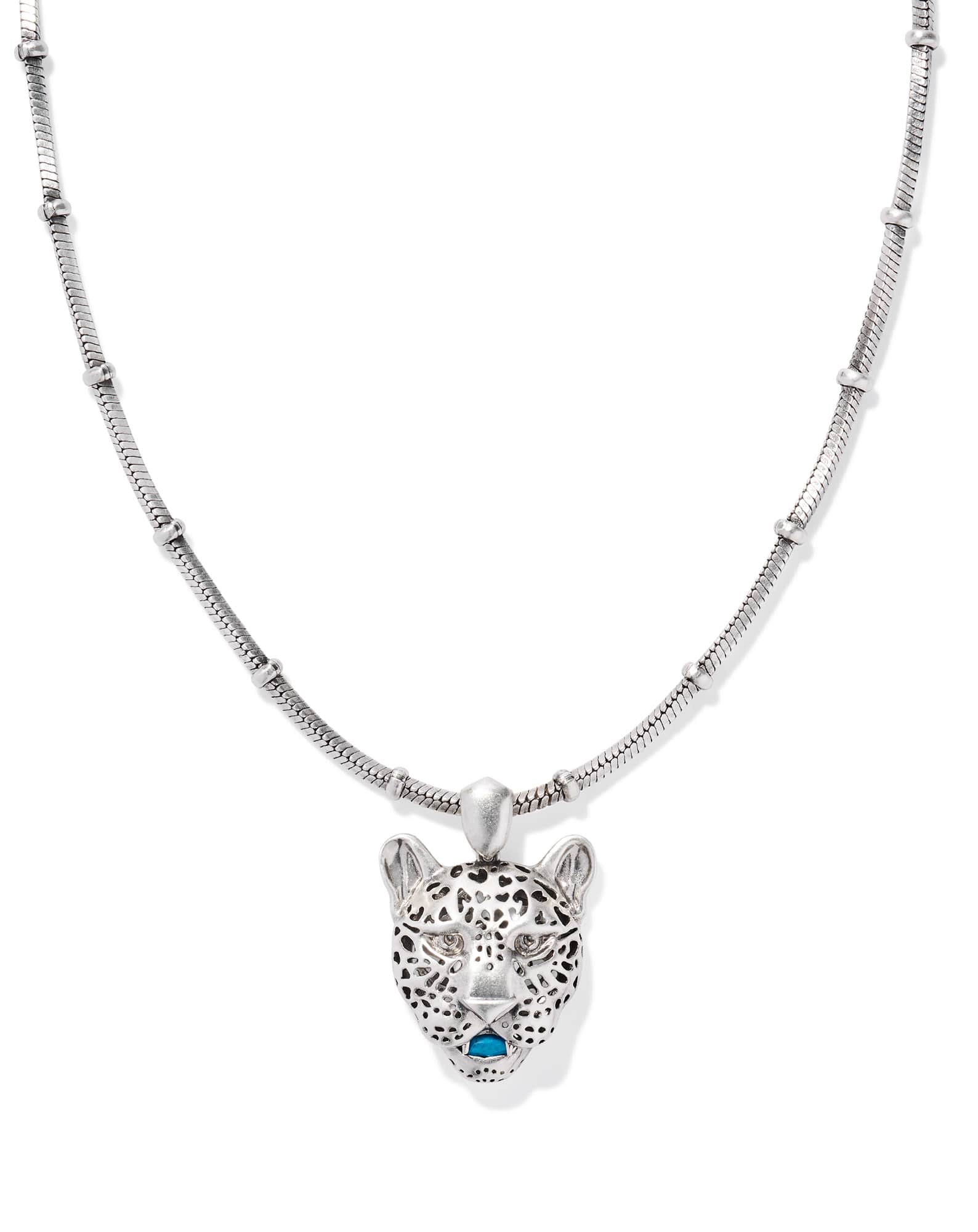 Maura Vintage Silver Jaguar Short Pendant Necklace in Variegated Indigo Magnesite