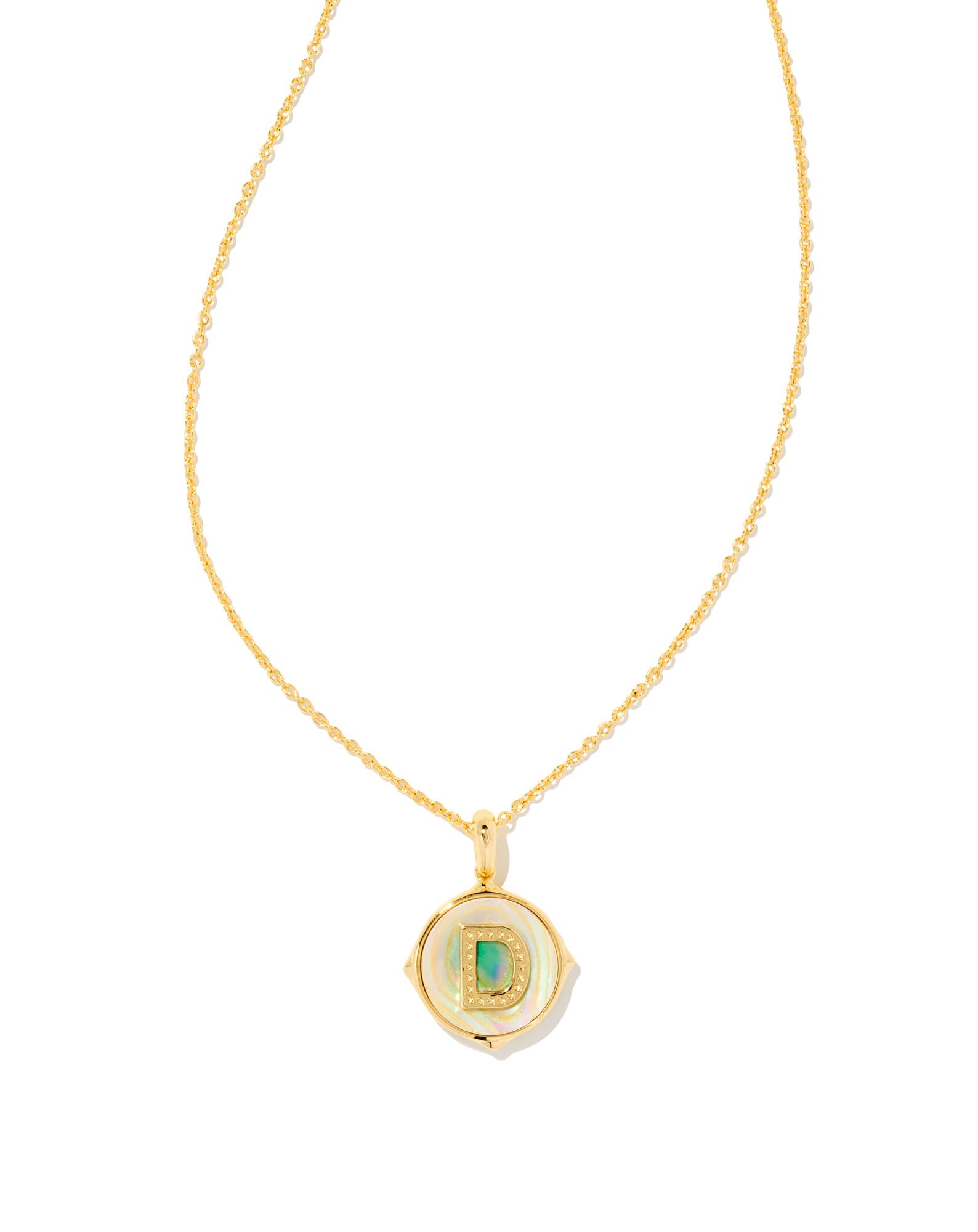 Letter D Gold Disc Reversible Pendant Necklace in Iridescent Abalone