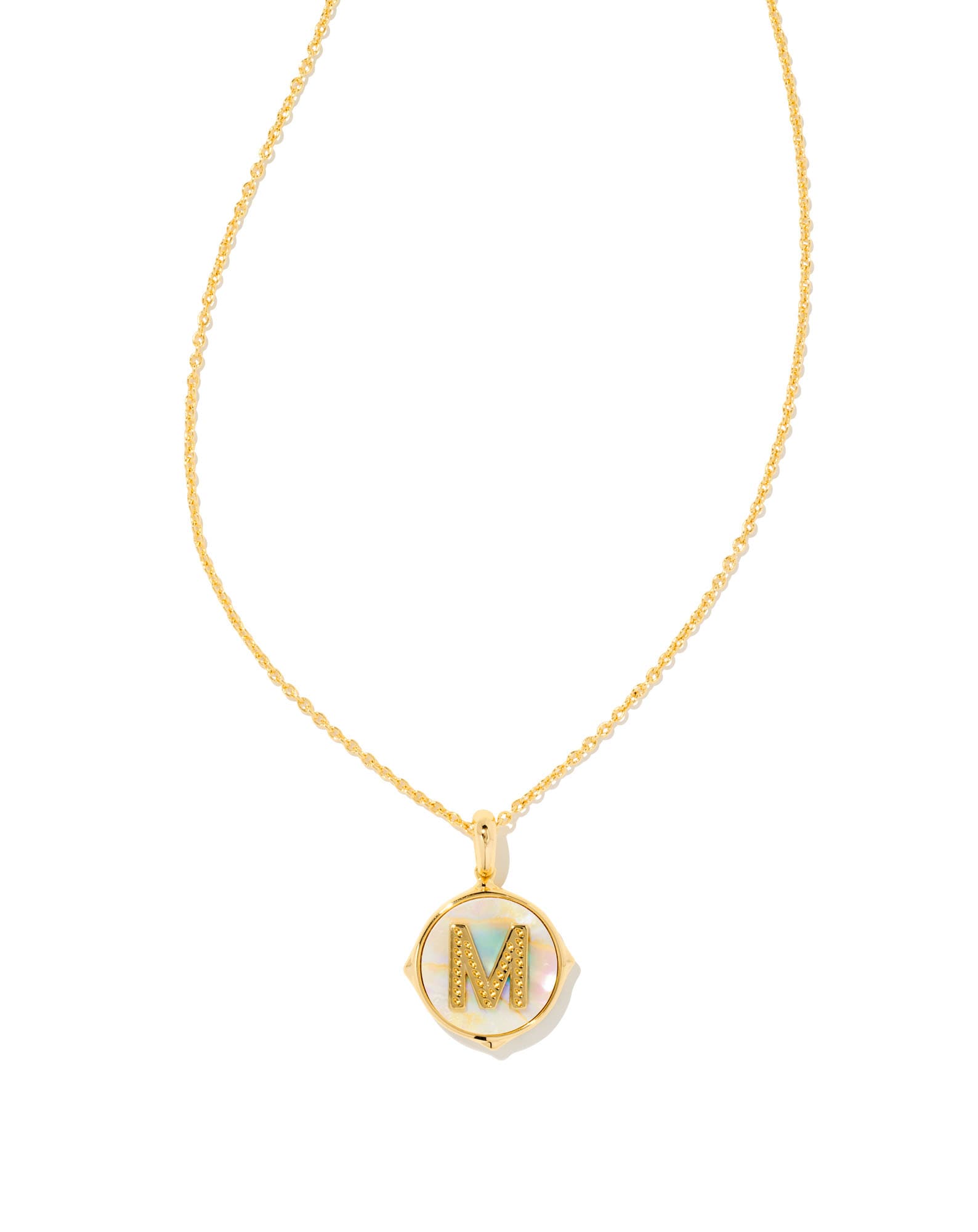 Letter M Gold Disc Reversible Pendant Necklace in Iridescent Abalone
