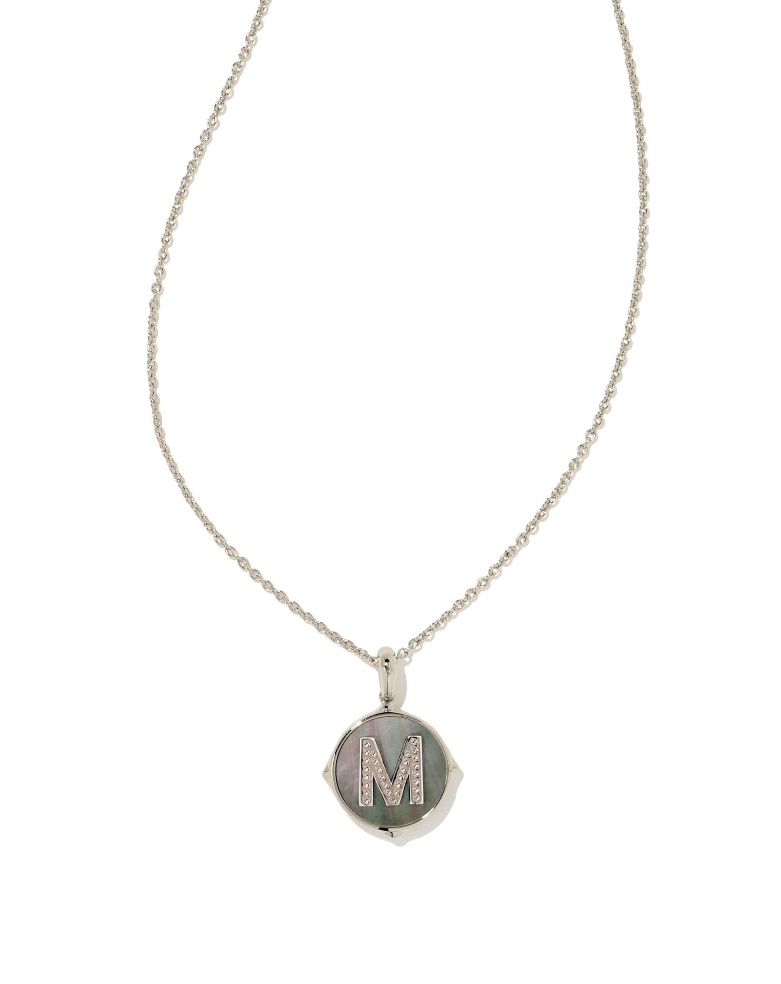 Letter M Silver Disc Reversible Pendant Necklace in Black Mother-of-Pearl