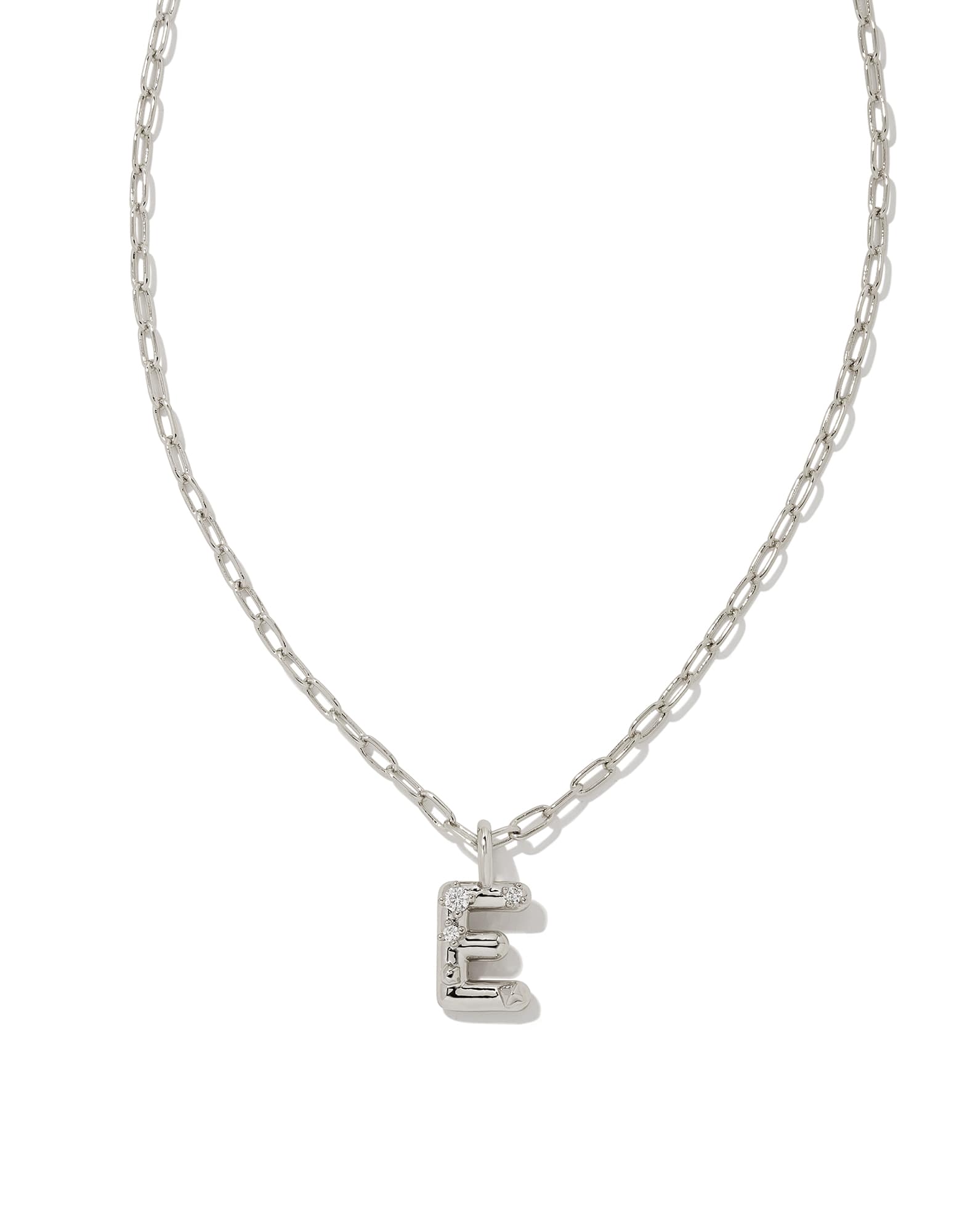 Crystal Letter E Silver Short Pendant Necklace in White Crystal