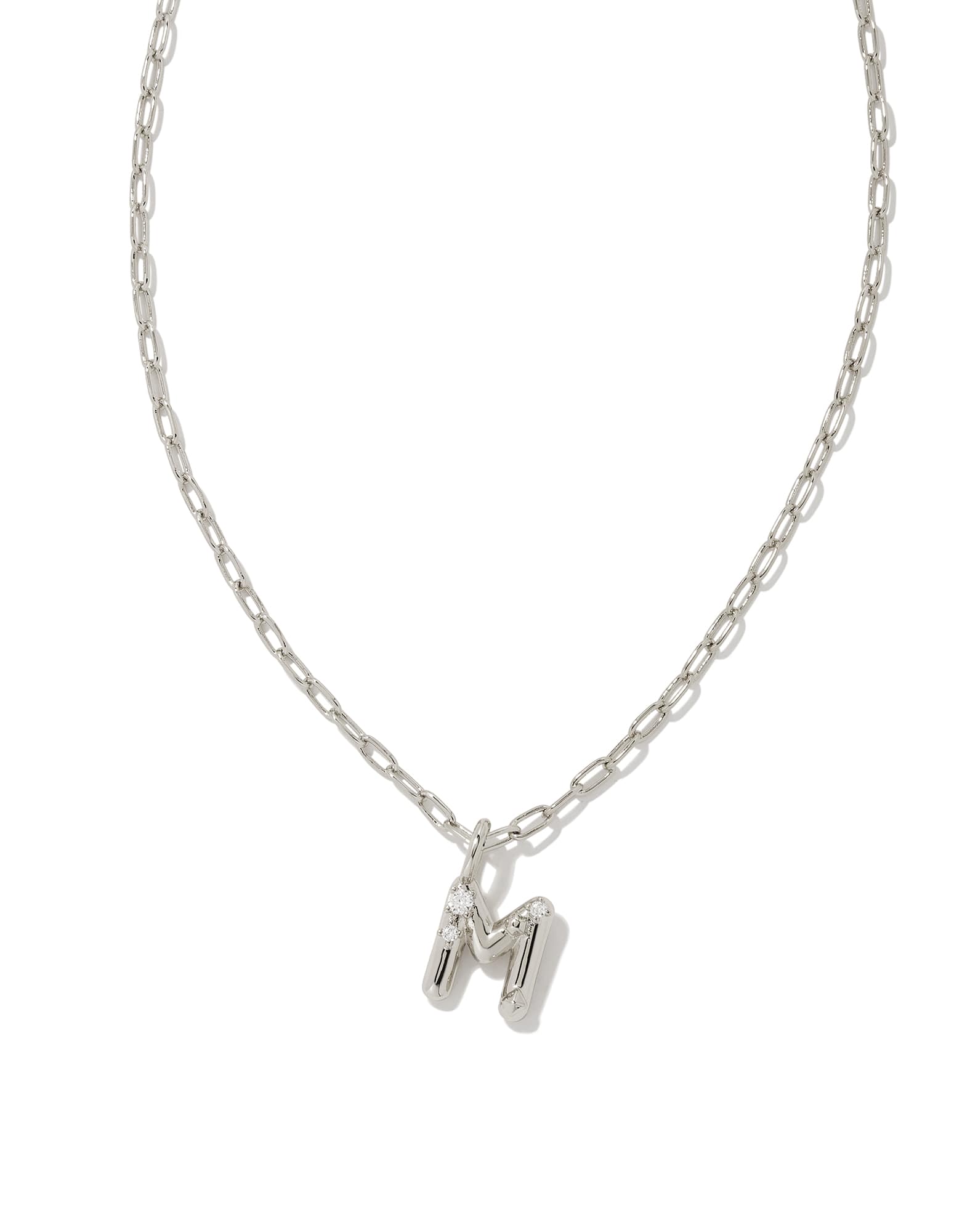 Crystal Letter M Silver Short Pendant Necklace in White Crystal