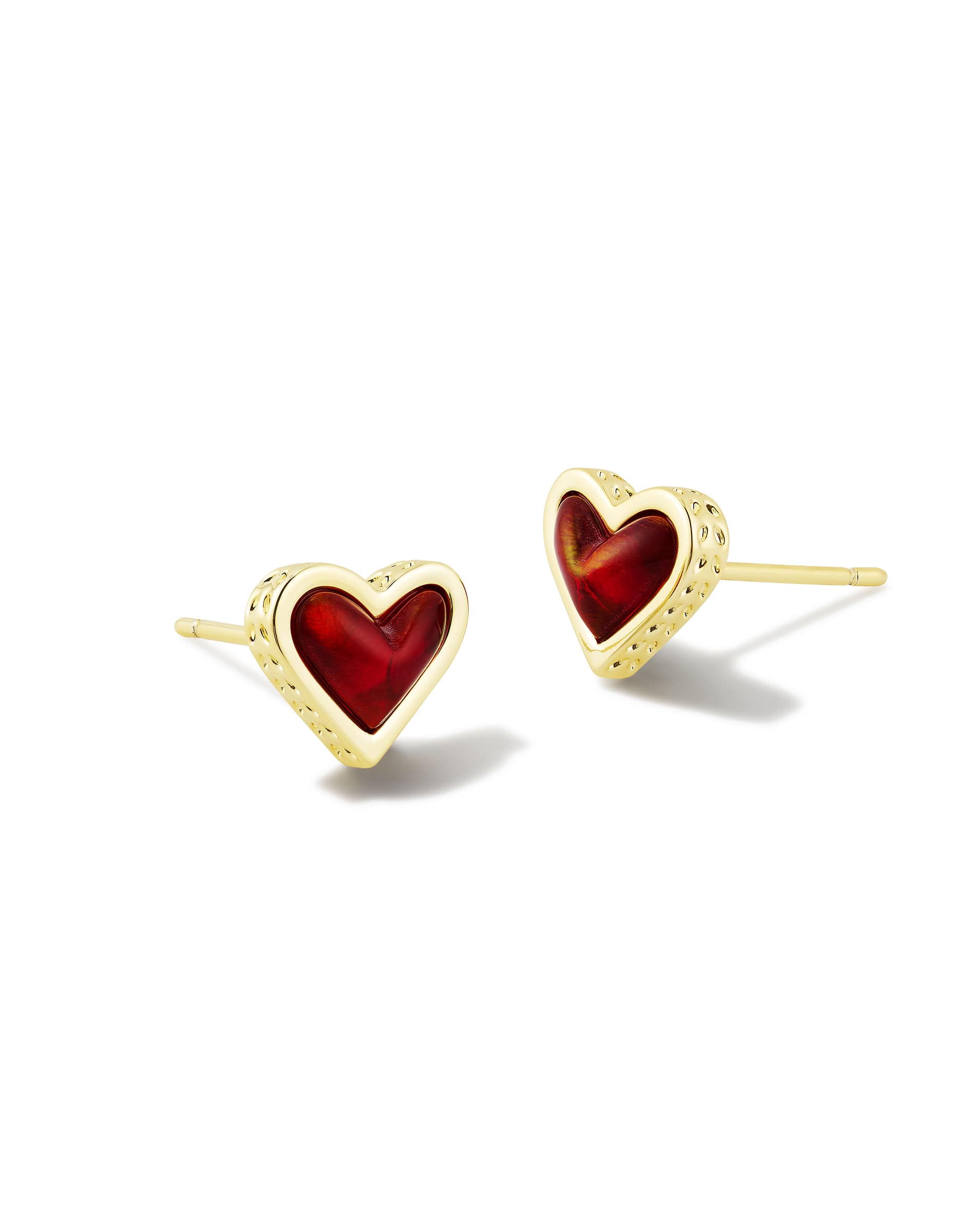 Framed Ari Heart Gold Stud Earrings in Red Opalescent Resin