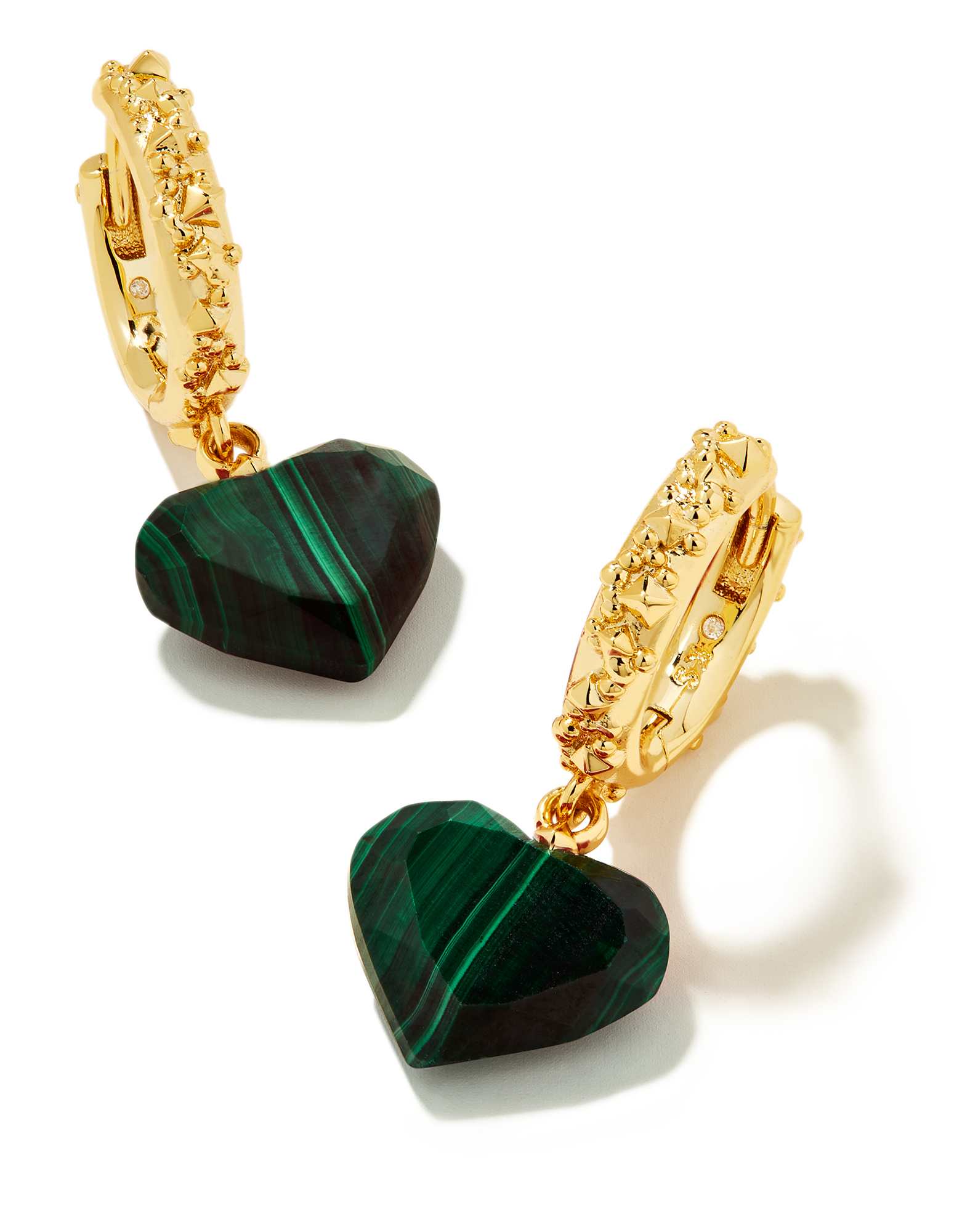 Penny Gold Heart Huggie Earrings in Green Malachite