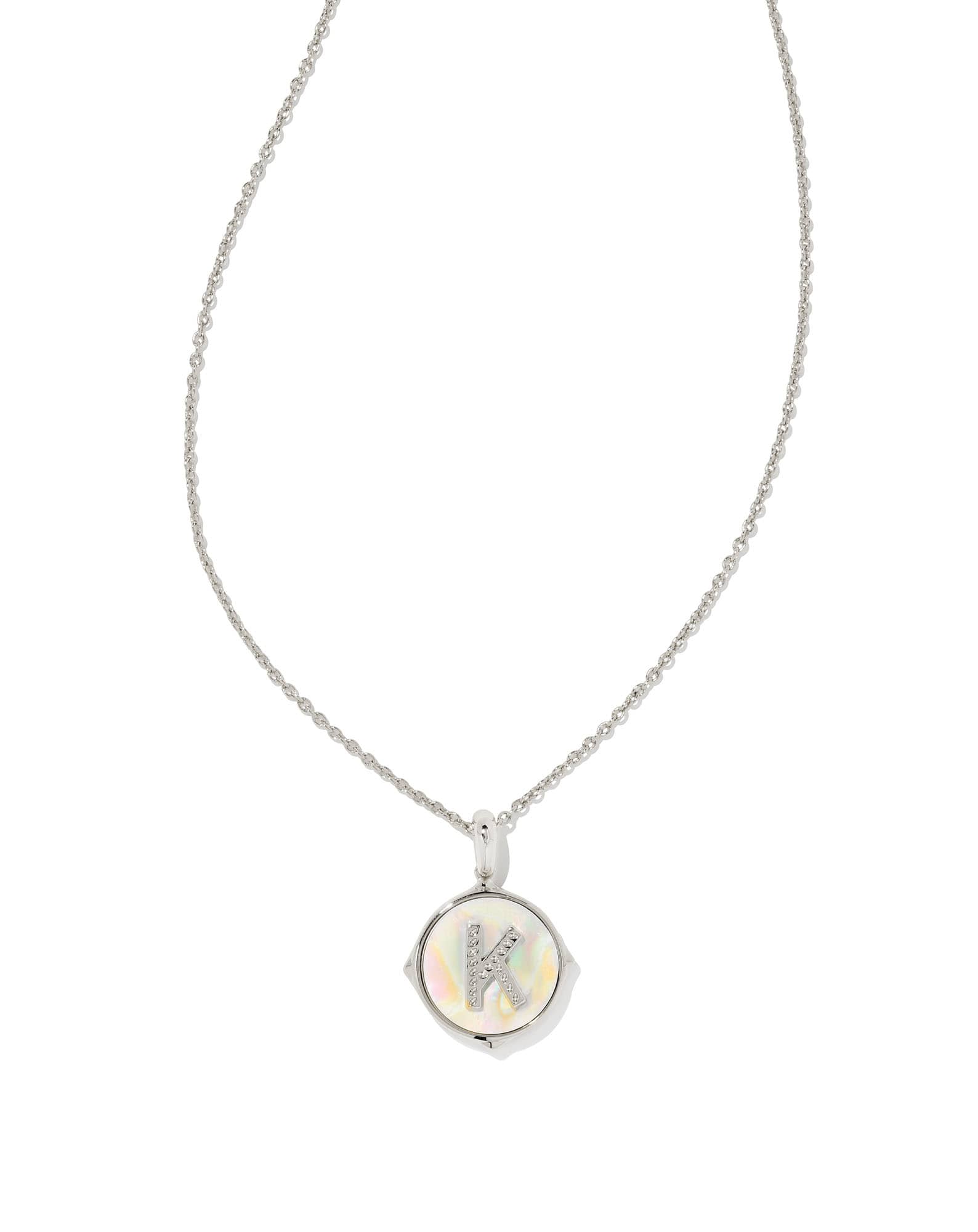 Letter K Silver Disc Reversible Pendant Necklace in Iridescent Abalone