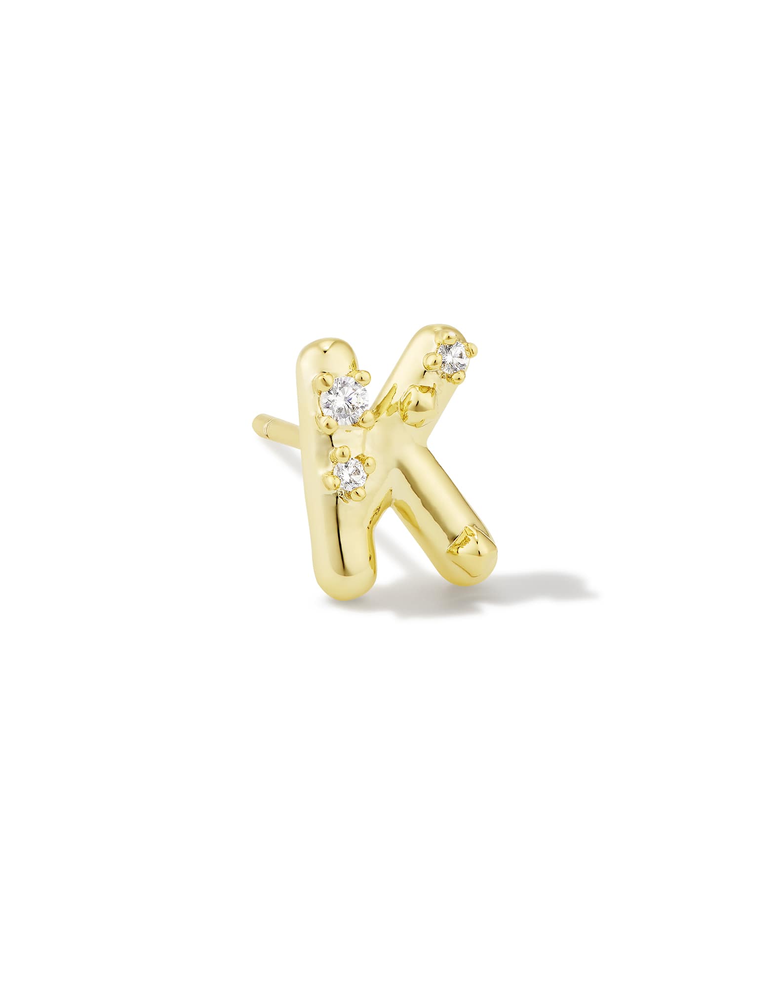 Crystal Letter K Gold Single Stud Earring in White Crystal