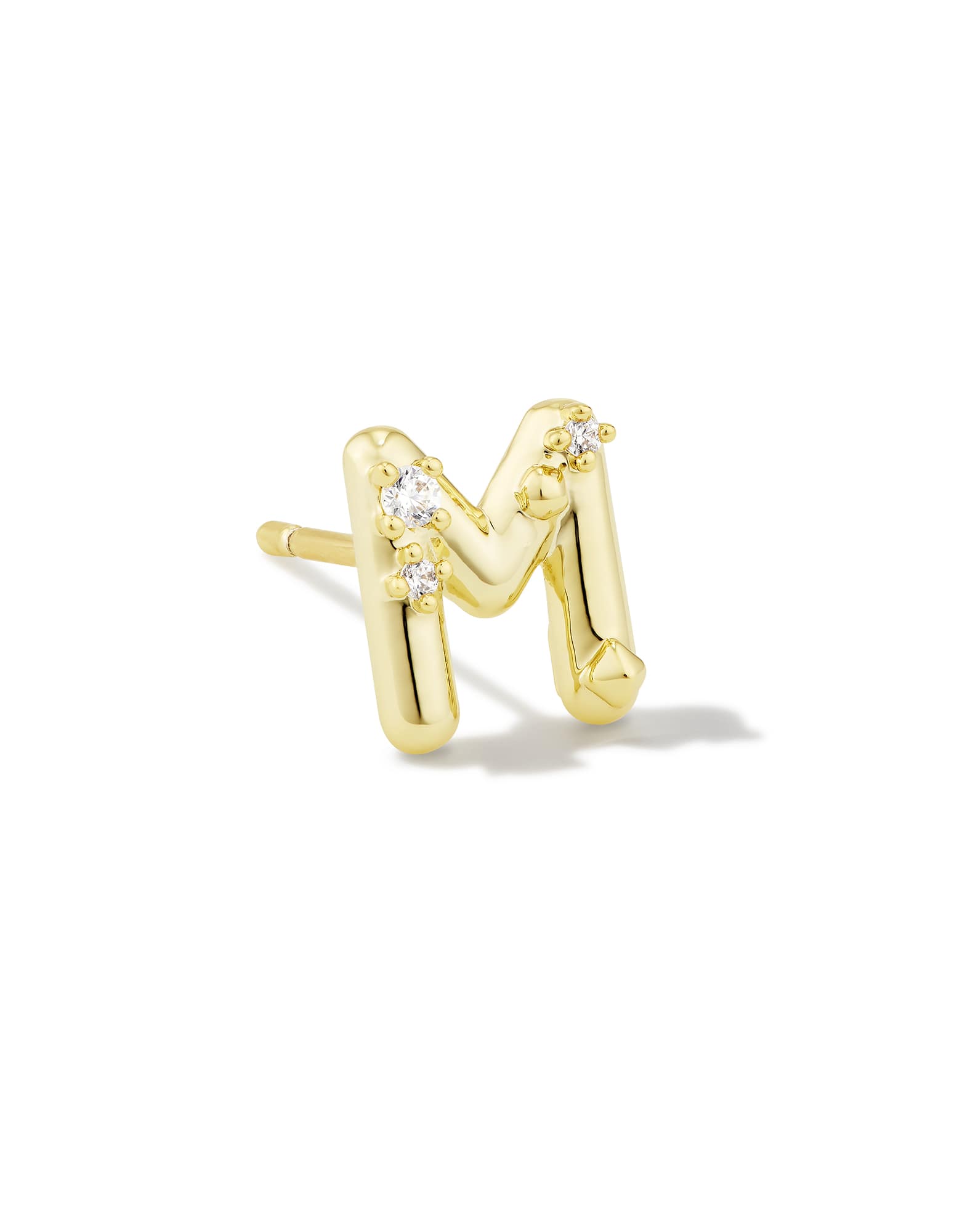 Crystal Letter M Gold Single Stud Earring in White Crystal