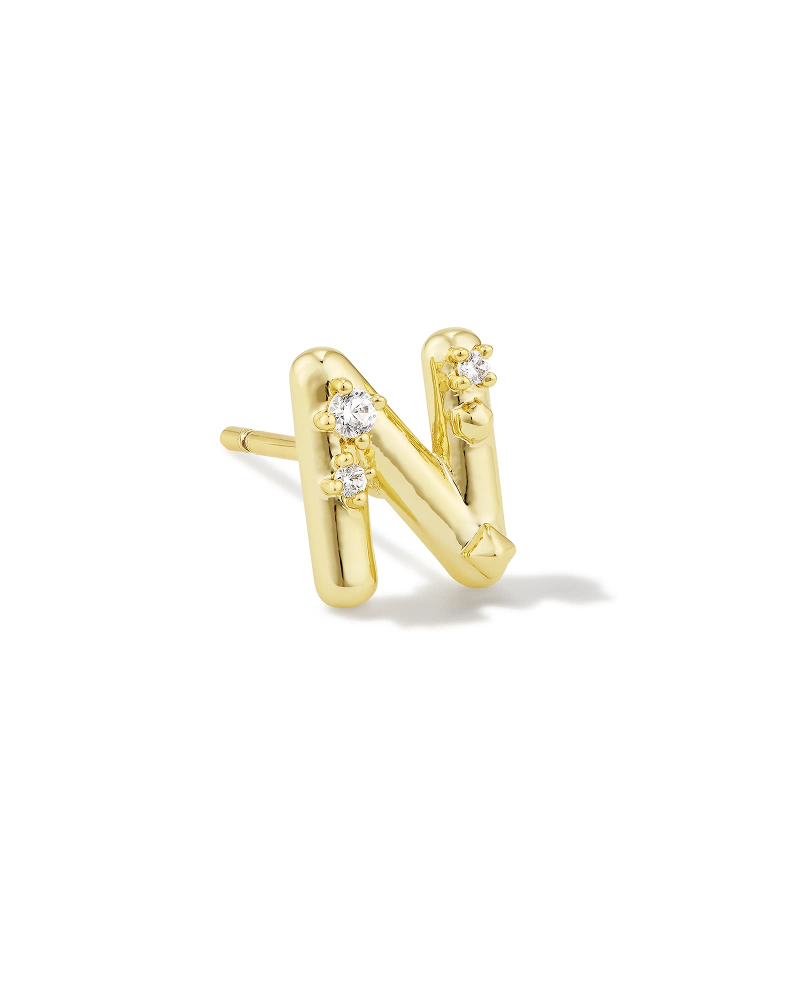 Crystal Letter N Gold Single Stud Earring in White Crystal