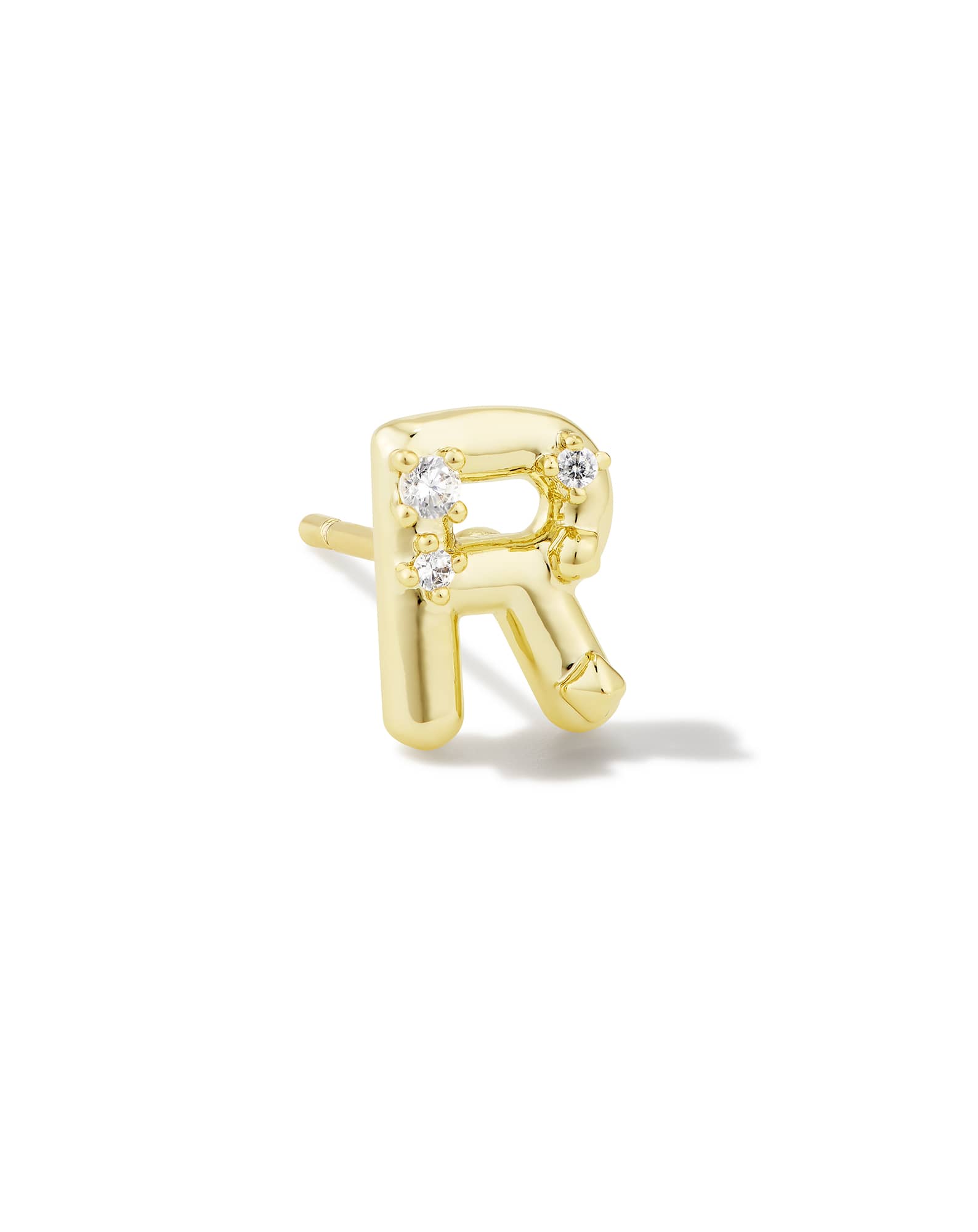 Crystal Letter R Gold Single Stud Earring in White Crystal