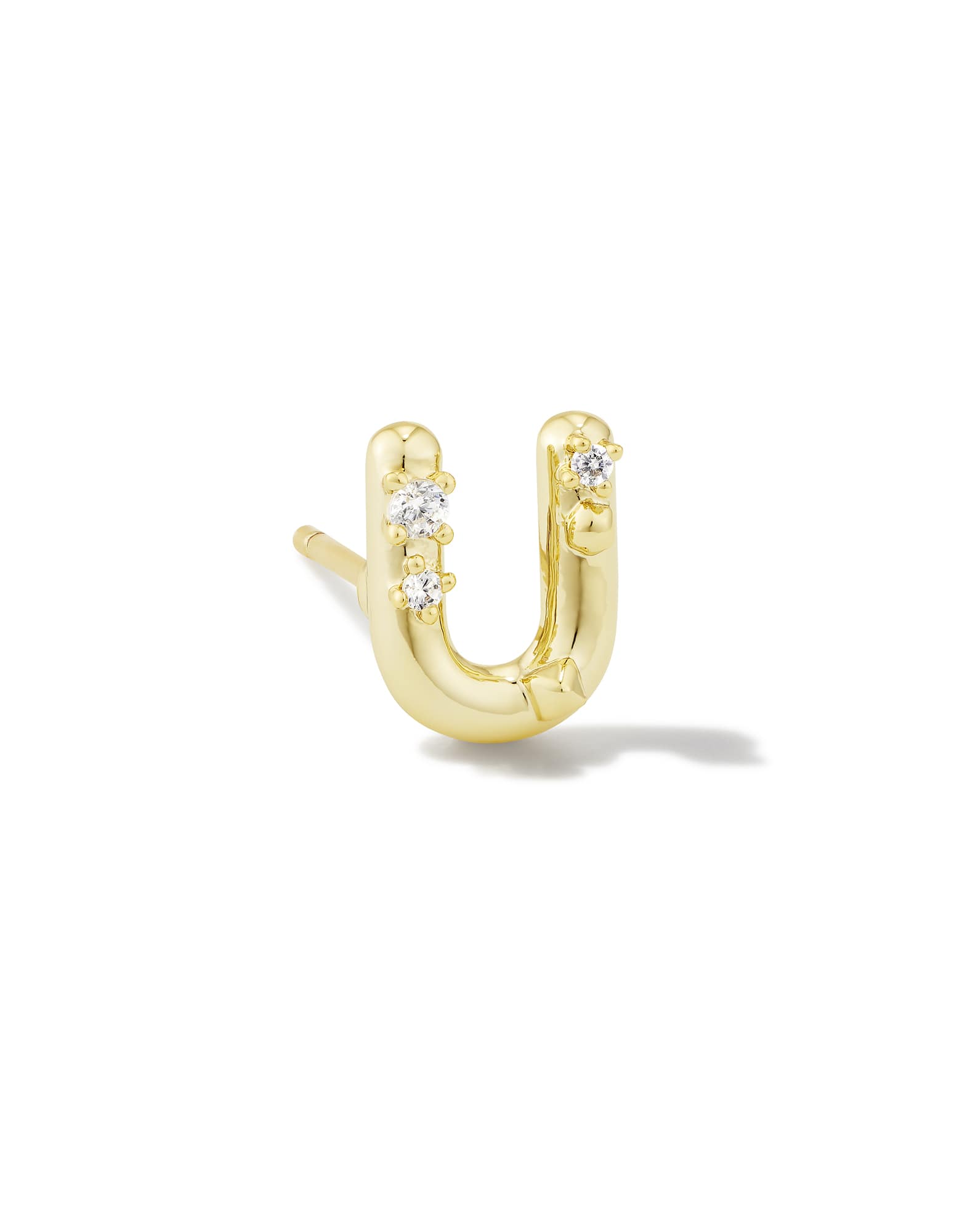 Crystal Letter U Gold Single Stud Earring in White Crystal