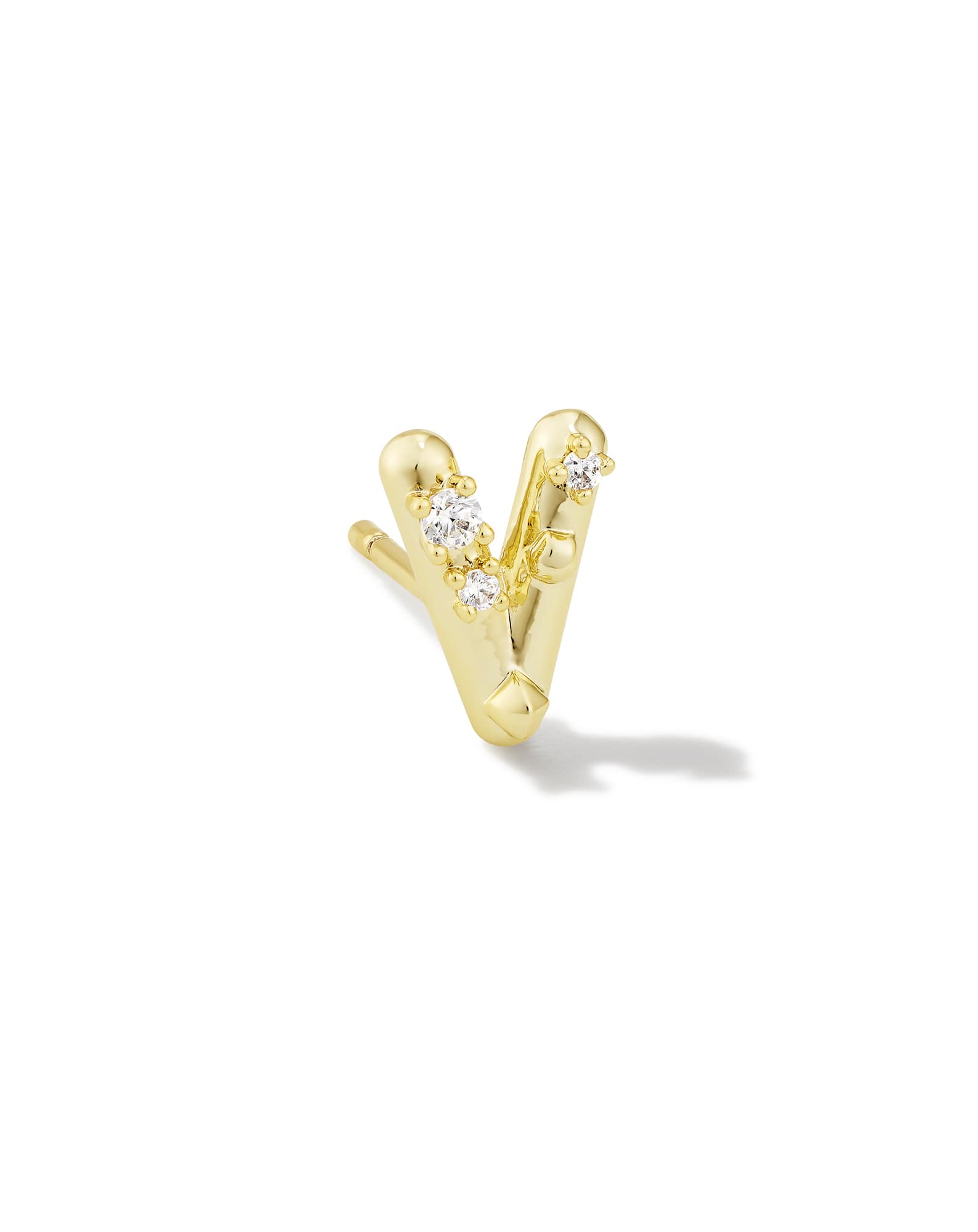 Crystal Letter V Gold Single Stud Earring in White Crystal