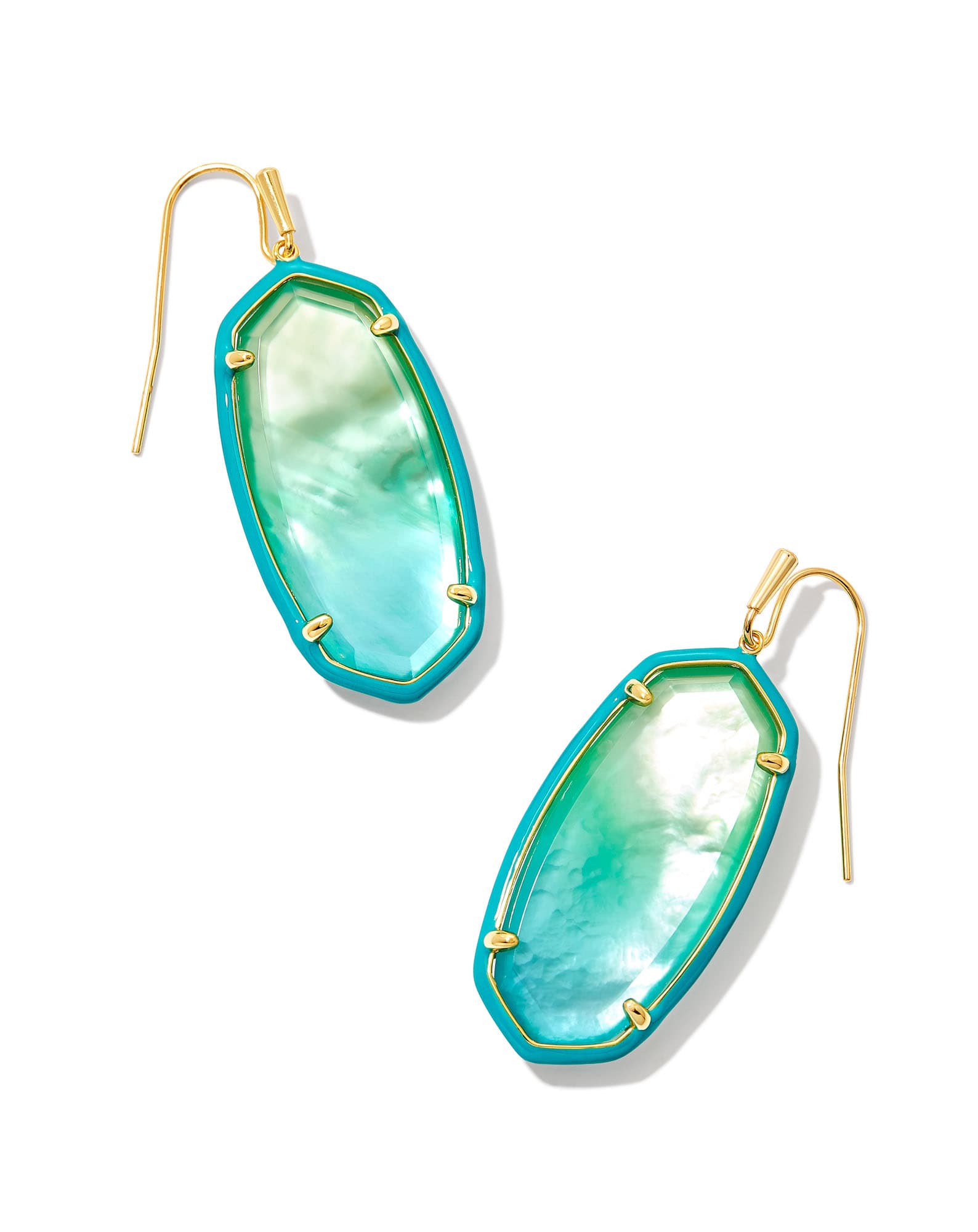 Elle Gold Enamel Framed Drop Earrings in Sea Green Ombre Illusion
